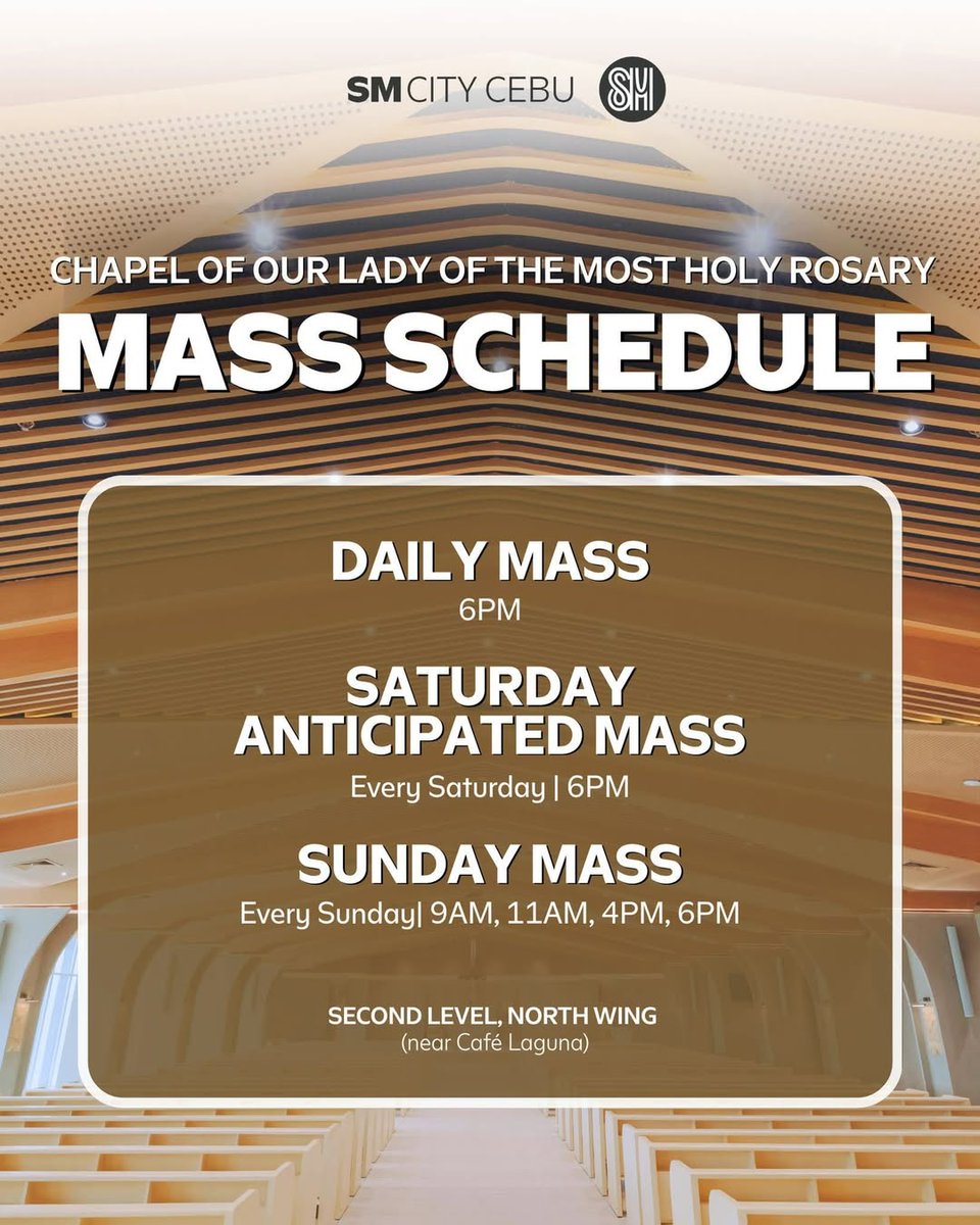 cebudailynews's tweet photo. SM City Cebu (Official) invites mallgoers and the #SMFam to take part in the regular Masses at the Chapel of Our Lady of the Most Holy Rosary.
Located at the Second Level of the North Wing, the chapel offers a peaceful and sacred space for prayer and reflection within the mall. Mallgoers are encouraged to be guided by the chapelโs Mass schedule and to gather as a community in faith.
The chapel welcomes devotees seeking spiritual nourishment and moments of quiet devotion. Everyone is invited to attend and celebrate the Holy Mass together at SM City Cebu.
#CDNDigital #CDNLife #CDNWhatsUp #BrandRoom