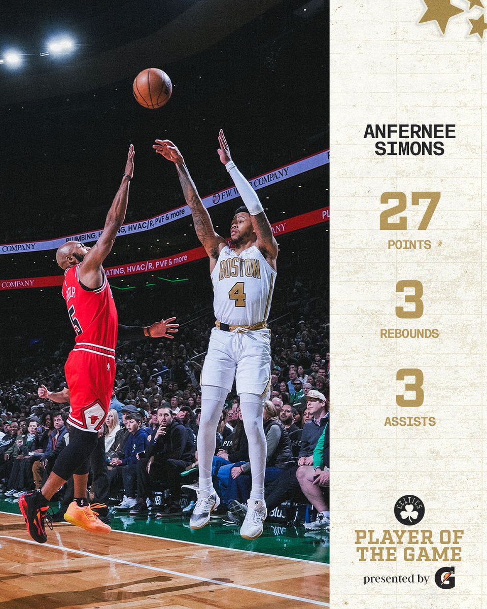 celtics's tweet image. All 27 in the second half 😮‍💨

@AnferneeSimons got hot in a hurry and he's tonight's @Gatorade Player of the Game