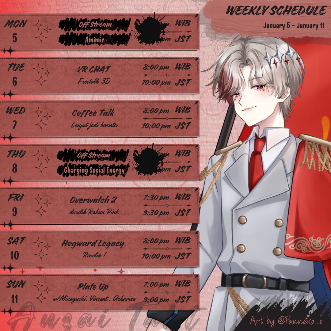 Weekly Schedule 5 - 11 January

Dhuar !!! Tiba tiba rajin stream, semoga terleasasikan ya 😂😂😂

Fan name ➜ Anjayer's♦️🦋

#️⃣HASTAG #️⃣
General #AnzaiTakt
Live #OnTAKT
Art #SENjay