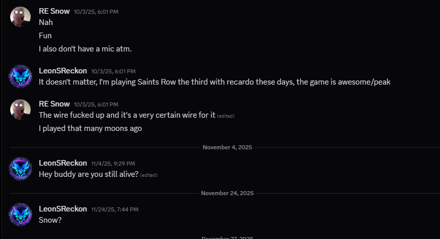 LeonSReckon's tweet photo. Few months ago, I was practicing to speedrun RE5 with @RE_Snow_ I owe him everything he taught me
Our last chat was on the 3rd of Oct and he never dm-ed me since
last night I received the news that he passed away on the 4th of Oct
rest in peace @RE_Snow_ I will miss you https://t.co/SQFKq0h6RU