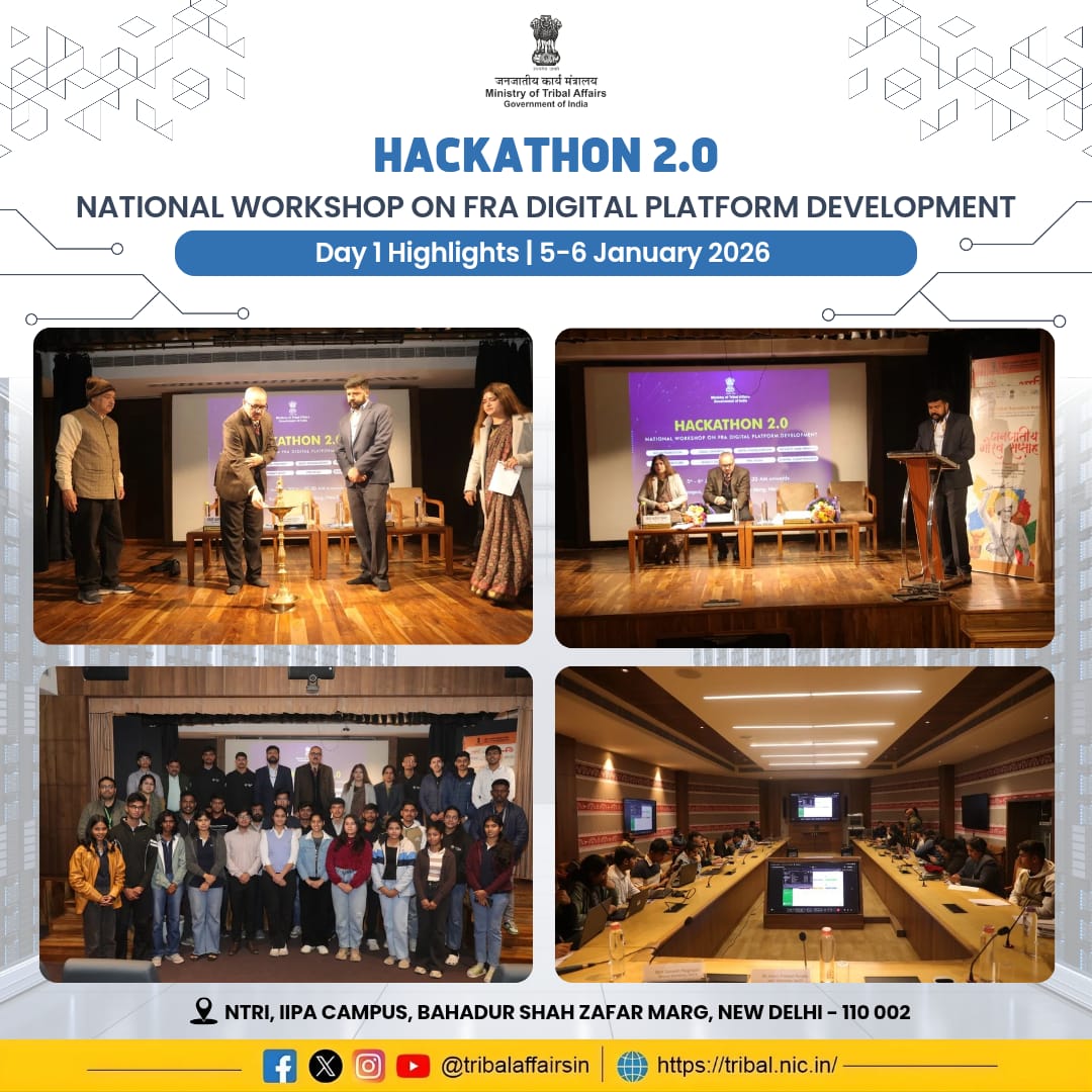 TribalAffairsIn's tweet photo. Day 1 Highlights | 5 January 2026

The two-day National Workshop on the Integrated Digital Forest Rights Act (FRA) Portal commenced today at the National Tribal Research Institute (NTRI), New Delhi, under the aegis of the Ministry of Tribal Affairs (MoTA).

Top-performing student teams from the Smart India Hackathon, following intensive field visits to FRA-implemented villages in Nashik (2–3 January), are actively finalizing the portal’s functional architecture, core features, and AI-enabled geospatial integration, working under the guidance of MoTA officials.

The initiative reflects the vision of the Hon’ble Prime Minister to leverage technology for transparent, inclusive, and citizen-centric governance, and marks a significant step towards effective implementation of the Forest Rights Act, 2006, empowering tribal communities through digital governance.

#MoTA #SmartIndiaHackathon #FRA #DigitalGovernance #TribalEmpowerment 
@narendramodi @PMOIndia @rashtrapatibhvn @jualoram @Dduikey @pibindia @mygovindia @AmritMahotsav @EduMinOfIndia @_DigitalIndia