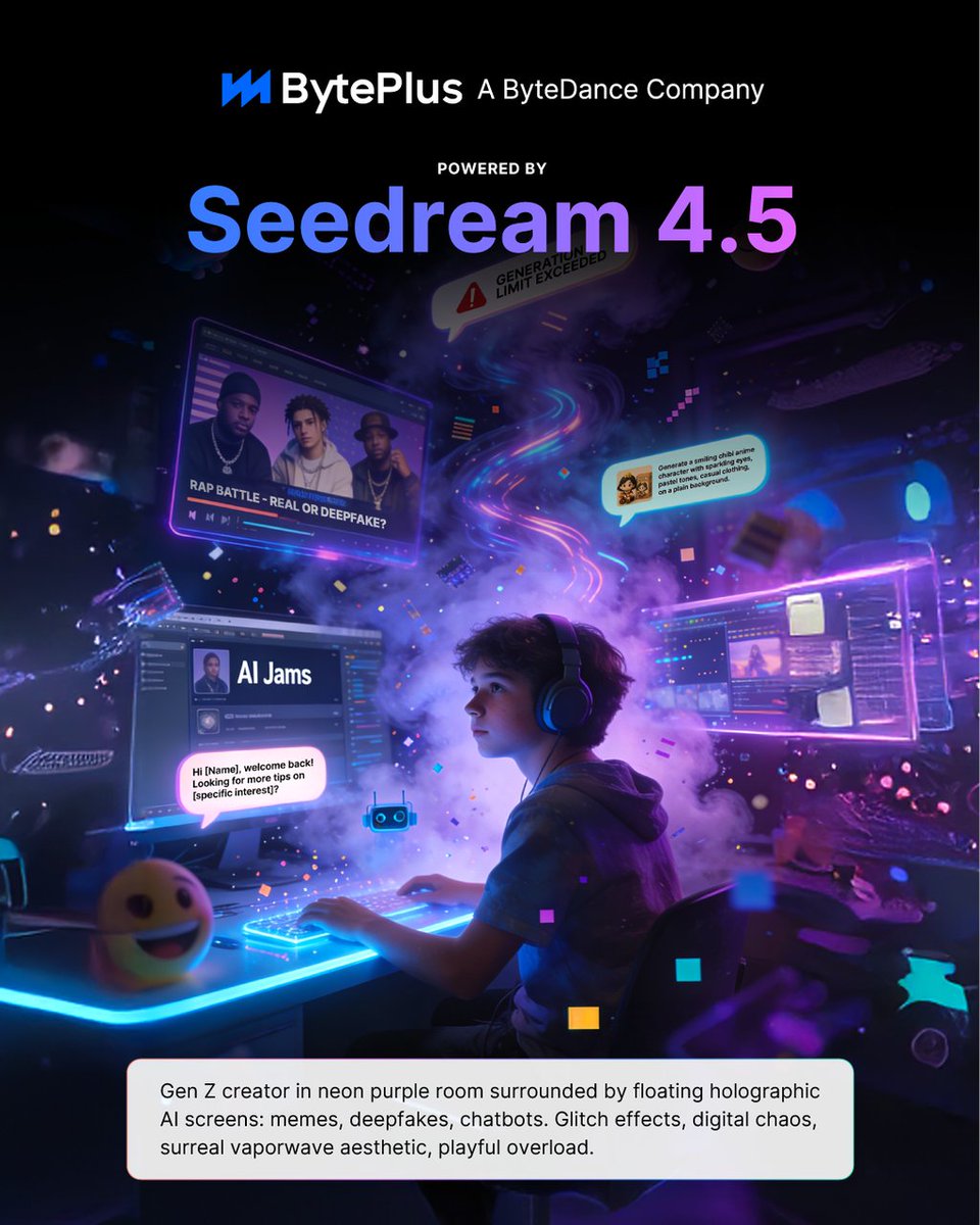 BytePlusGlobal's tweet photo. AI in 2025 was... a lot. We used it for memes, micro-films, deepfake rap battles, and 2am emotional support. Reality blurred. Brainrot peaked. One person = whole studio. Unreal yet true.  

#BytePlusX #Seedream #AI #BrainrotEra #CreatorCulture #GenZInternet #DigitalChaos #FYP #AICreators