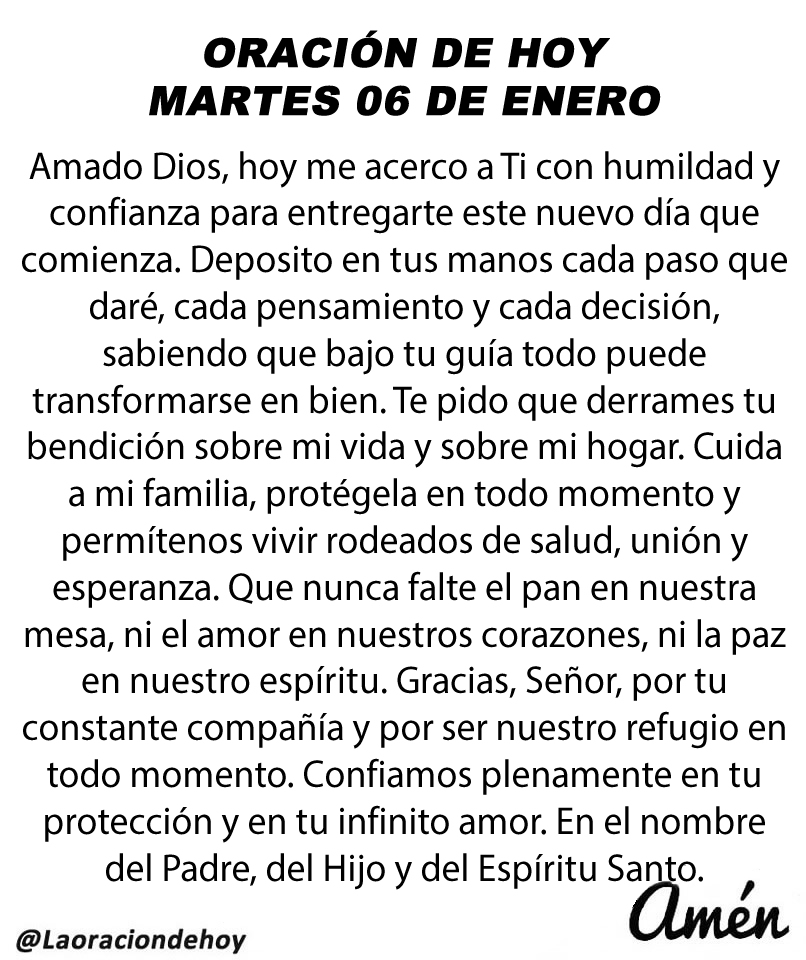 Oración diaria para hoy martes 06 de enero de 2026.