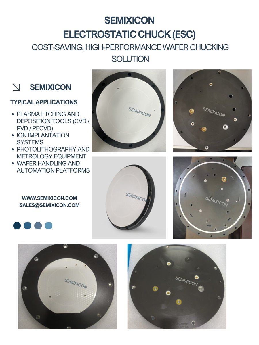 AdrianZhang568's tweet photo. SEMIXICON Electrostatic Chuck (ESC) – Cost-Saving, High-Performance Wafer Chucking Solution
https://t.co/orms06w3dN
#ElectrostaticchuckESC #Coulombelectrostaticchuck #300mmESC #waferelectrostaticchuck #semiconductorchuck #lowleakrateESC #highvoltageESC #costeffectiveESC #200mmESC https://t.co/ZcaeksyzbC
