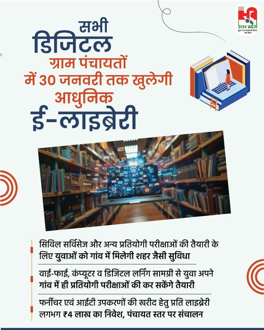airnewsalerts's tweet photo. In #UttarPradesh, the state government decides to set up state-of-the-art #digitallibraries in #GramPanchayat Secretariats.

Procurement of IT equipment across all districts is targeted by January 30, while furniture procurement is to be completed by January 26, after which the libraries will be fully operational.