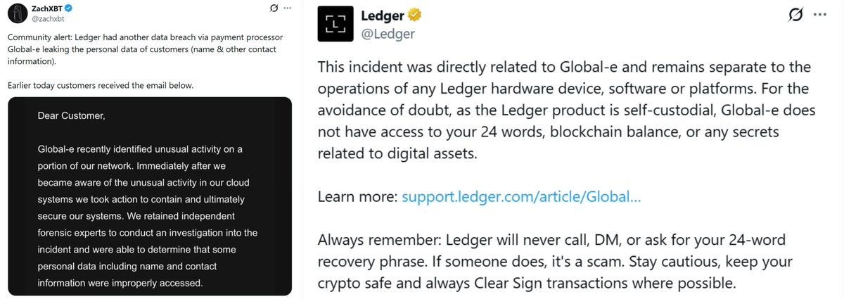 MetaEraHK's tweet image. 🚨Alert: Ledger Data Breach Linked to Global-e

Blockchain investigator @zachxbt reported that #Ledger customers’ personal data (names and contact information) was exposed following a data breach at payment processor #GlobalE.

@Ledger confirmed the incident is isolated to