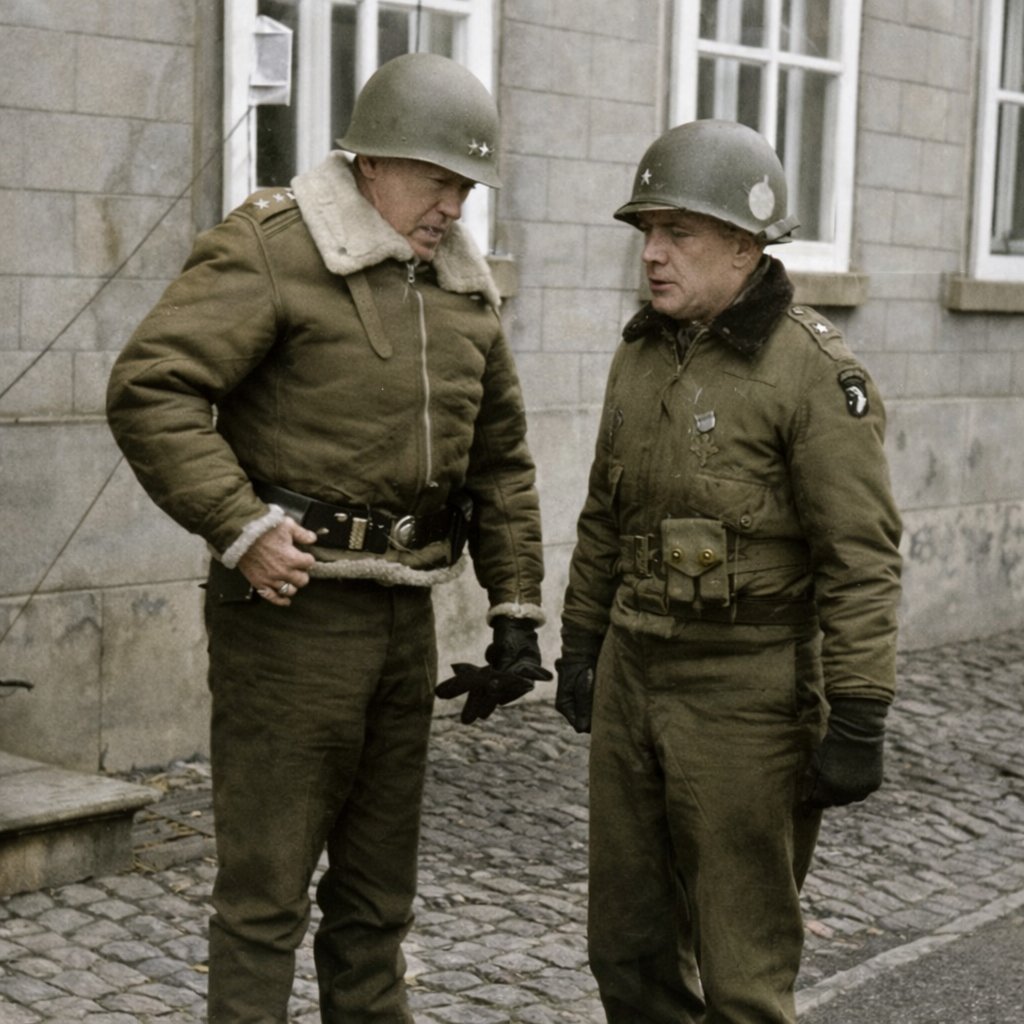 VoicesofWW2's tweet image. Lt. Gen. George S. Patton speaks to Brig. Gen. Anthony McAuliffe, January 1945. Patton led the Third Army in a sweep across France and an instrumental role in defeating the German counter offensive in the Ardennes.