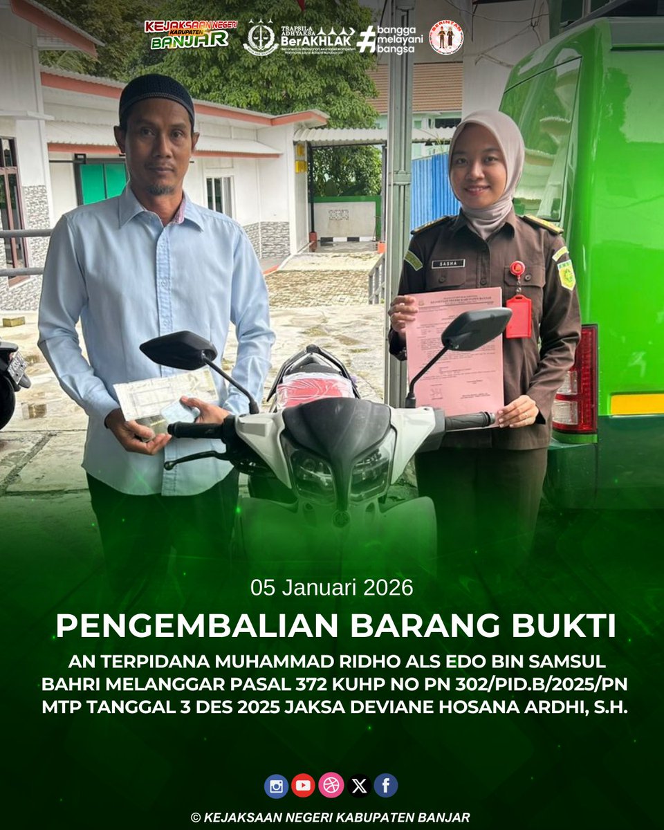 instagram.com/p/DTJ2JKnD2h4/…

Senin, 05 Januari 2025 telah dilaksanakan Pengembalian BB an terpidana MUHAMMAD RIDHO ALS EDO BIN SAMSUL BAHRI melanggar Pasal 372 KUHP NO PN 302/Pid.B/2025/PN Mtp tanggal 3 Desember 2025 Jaksa DEVIANE HOSANA ARDHI, S.H.
<a href="/KejaksaanRI/">Kejaksaan RI</a>