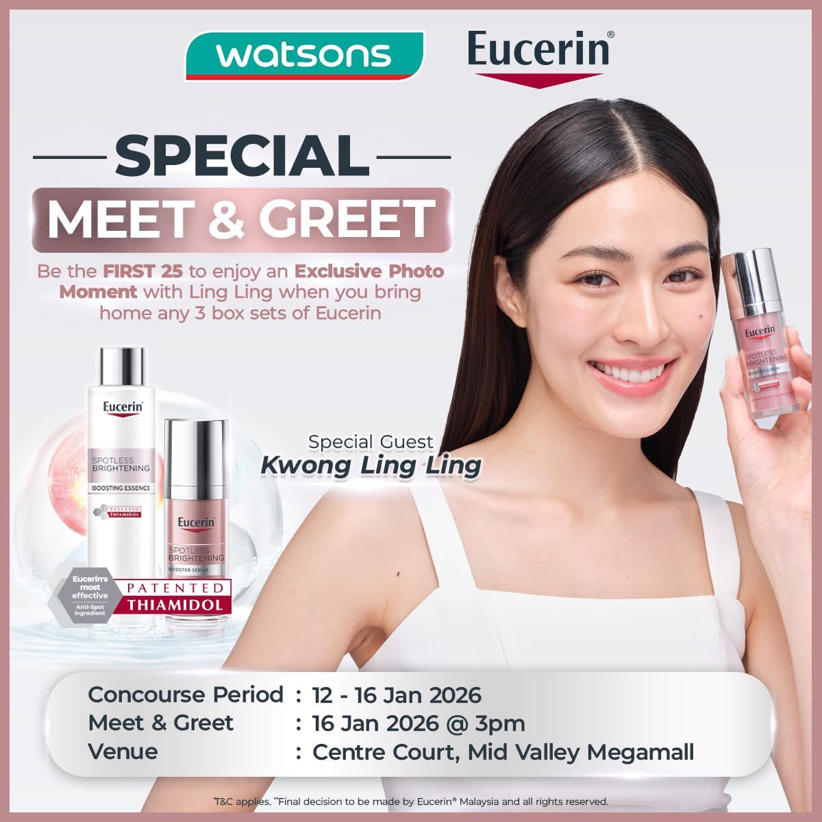 SeoullySG's tweet image. [#EUCERIN]✨🚨 LINGLING KWONG IS COMING TO MALAYSIA 🚨✨

Get ready for a SPECIAL MEET &amp;amp; GREET with @linglingsirilak at Mid Valley Megamall and discover Malaysia’s No.1 derma face care brand with the Eucerin Spotless Brightening Routine, powered by Patented Thiamidol® — Eucerin’s…