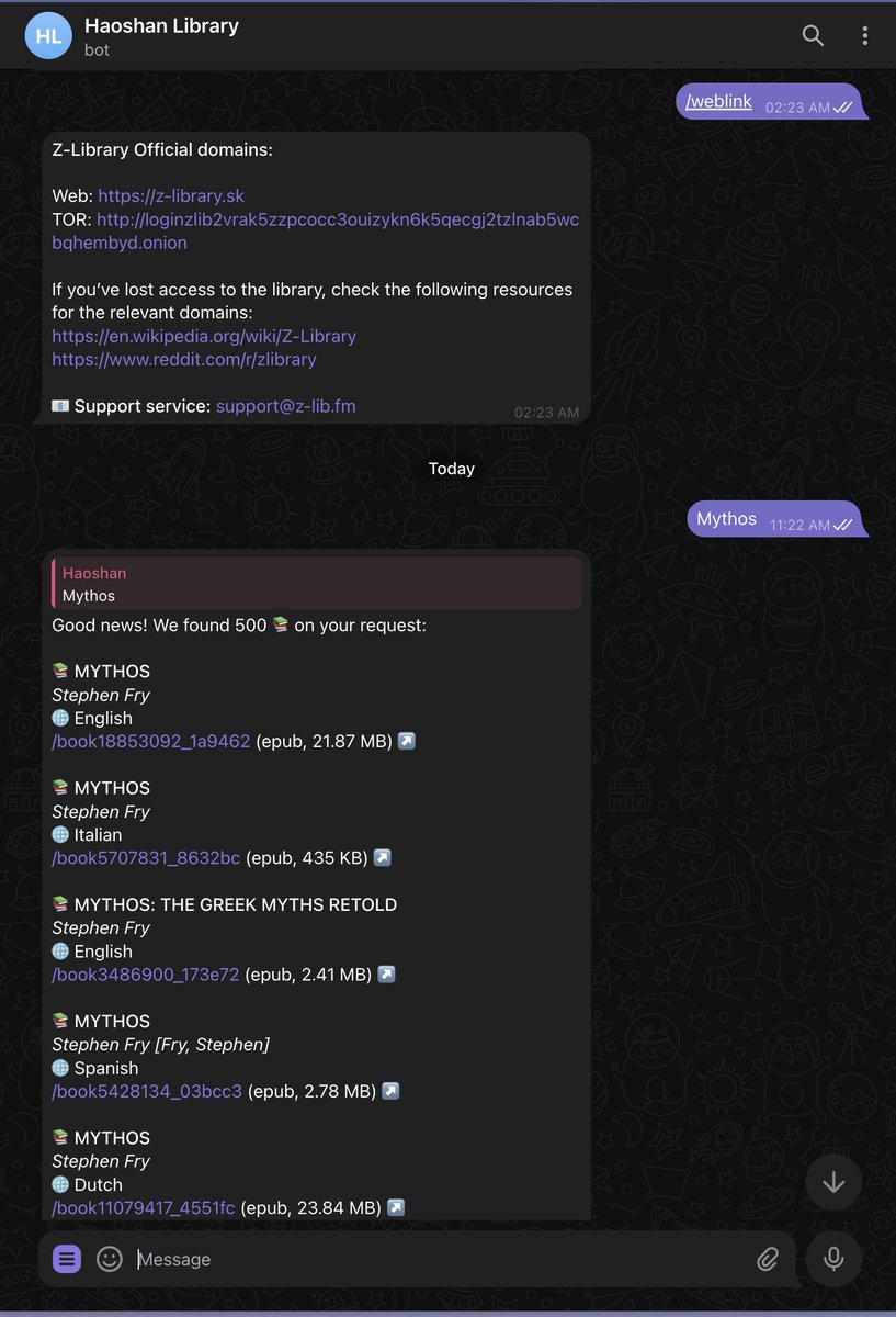 我测出了有史以来读电子书的最优解决方案（上）
——Z-library的最佳使用方法，Telegram

1
我有一个自己的电子书bot，只要发书名他就会给我电子书文件，全程不超过半分钟就可以下载下来。这个bot里还可以获取Z-library最新的官网链接（这很重要）。

Z-lib官网链接经常变更，先点赞收藏关注以免走丢
⬇️