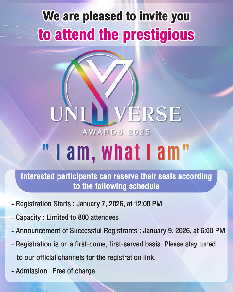 Yuniverse_TH's tweet photo. 🌈 ร่วมเป็นส่วนหนึ่งของปรากฏการณ์ครั้งยิ่งใหญ่ 🏆 Y Universe Awards 2025
✨ “I am, what I am”

🗓 เปิดลงทะเบียน 7 ม.ค. 2569
⏰ 12.00 น. เป็นต้นไป
👥 จำกัดเพียง 800 ท่านแรก (First-come, first-served)

#YUniverseAwards2025 https://t.co/yaYmWrD4cF