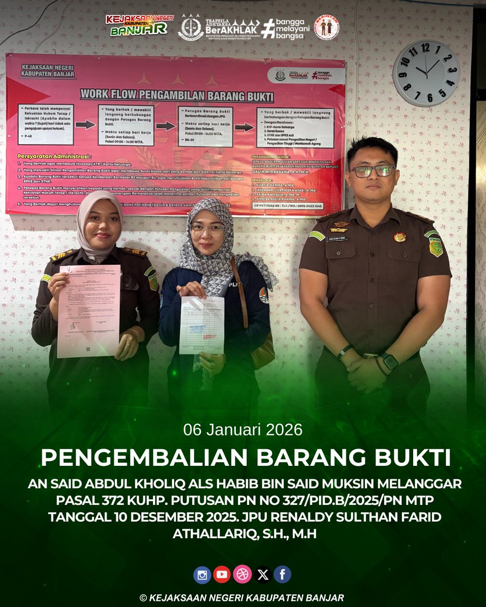 instagram.com/p/DTJ3CJXj908/…
Selasa, 06 Januari 2025 telah dilaksanakan Pengembalian BB an SAID ABDUL KHOLIQ ALS HABIB BIN SAID MUKSIN melanggar pasal 372 KUHP. Putusan PN NO.327/Pid.B/2025/PN Mtp tanggal 10 Desember 2025. JPU Renaldy Sulthan Farid Athallariq, S.H., M.H.
<a href="/KejaksaanRI/">Kejaksaan RI</a>