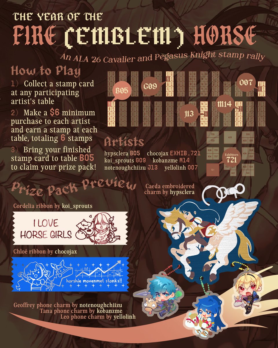 hypsclera's tweet photo. THE YEAR OF THE FIRE (EMBLEM) HORSE: a FE stamp rally celebrating our favorite cavaliers and pegasus knights, only at ALA 2026 🎠🪽

join me, @chocojax, @koi_sprouts, @kobanzme, @notenoughchiizu, and @yellolinh in ringing in the new year and win an embroidered carabiner and more! https://t.co/Pm8RYbsLgw
