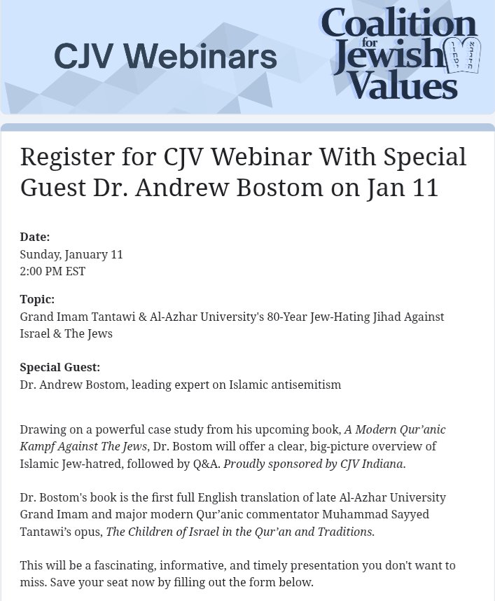 andrewbostom's tweet photo. Register  for a Webinar (This Sunday 1/11/26 at 2pm EST) Introduction to my new book, "A Modern Quranic Kampf Against The Jews," hosted by The Coalition For Jewish Values 
https://t.co/XSs0FUjBC6 https://t.co/I37mfS8rFT