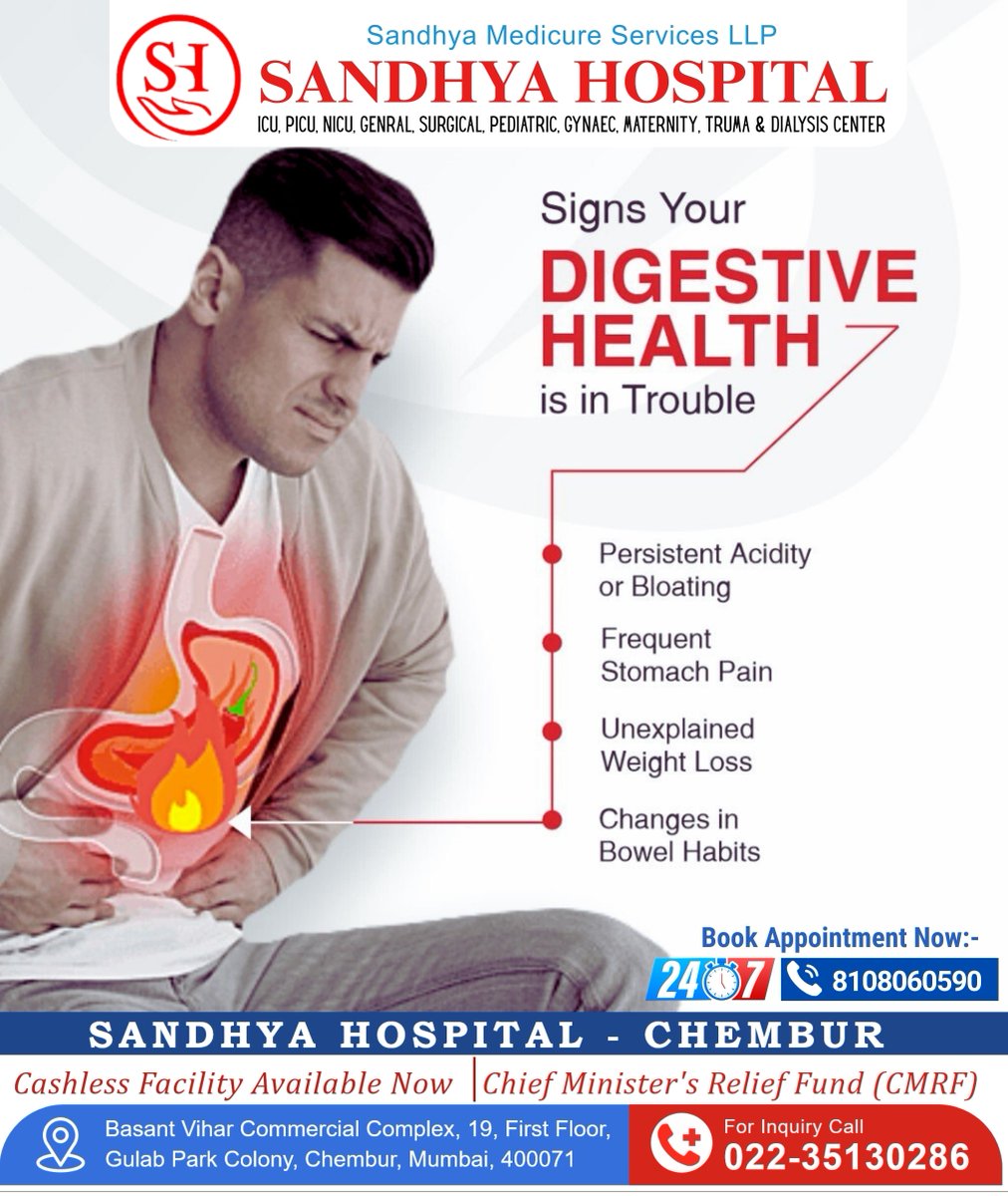 HospitalSa51116's tweet photo. Signs Your Digestive Health Is in Trouble

Early diagnosis makes a difference.
📞 Book Appointment: 8108060590 | 24×7
🏥 Sandhya Hospital, Chembur
✔️ Cashless Facility Available | CMRF Supported
#DigestiveHealth #SandhyaHospital #Chembur #GastroCare #HealthAwareness https://t.co/2Cr01Hy5uJ
