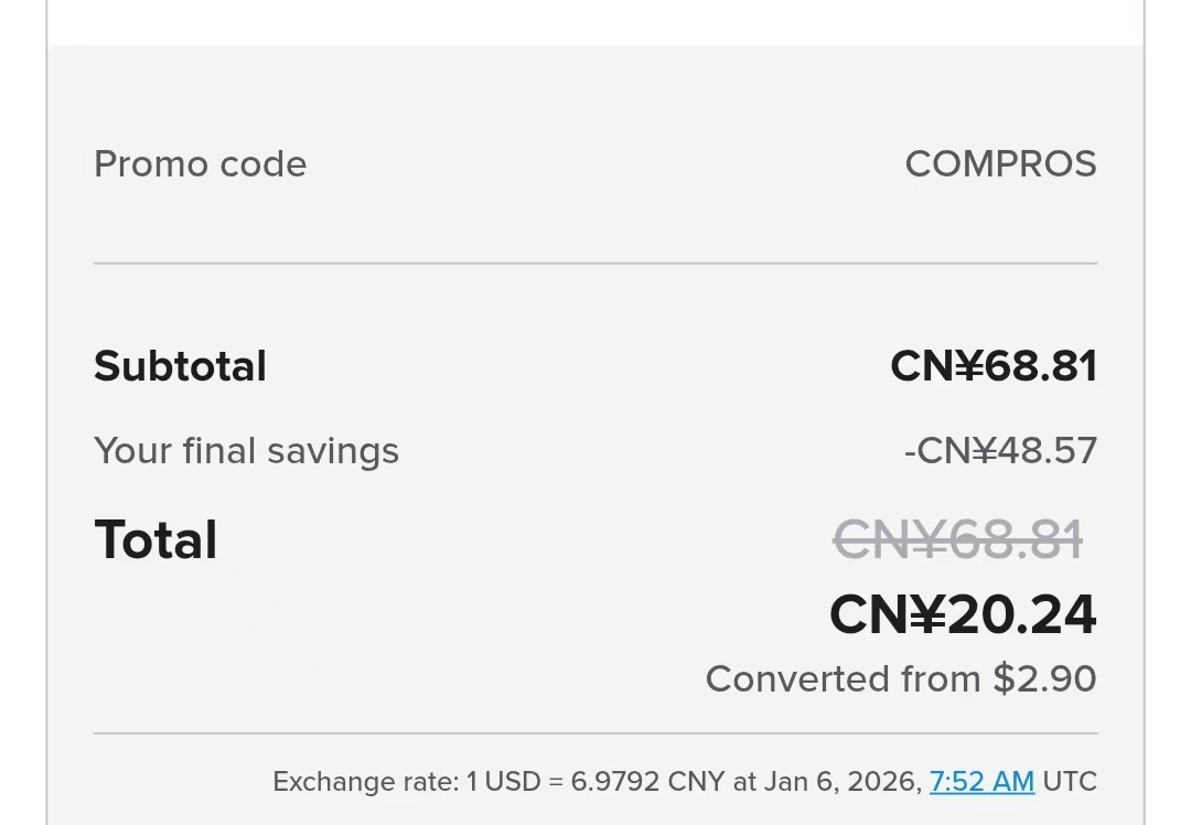刚20块钱人民币买了一个.com 的域名，有需要的朋友可以试试，新的一年开始上站啦！ 在Spaceship注册com 域名的时候：  优惠码com67，域名只要$5左右， 优惠码COMPROS，还可以更低，只要$2.88 不过都只能用一次，大家用完之后还可以试着GPT搜索优惠码