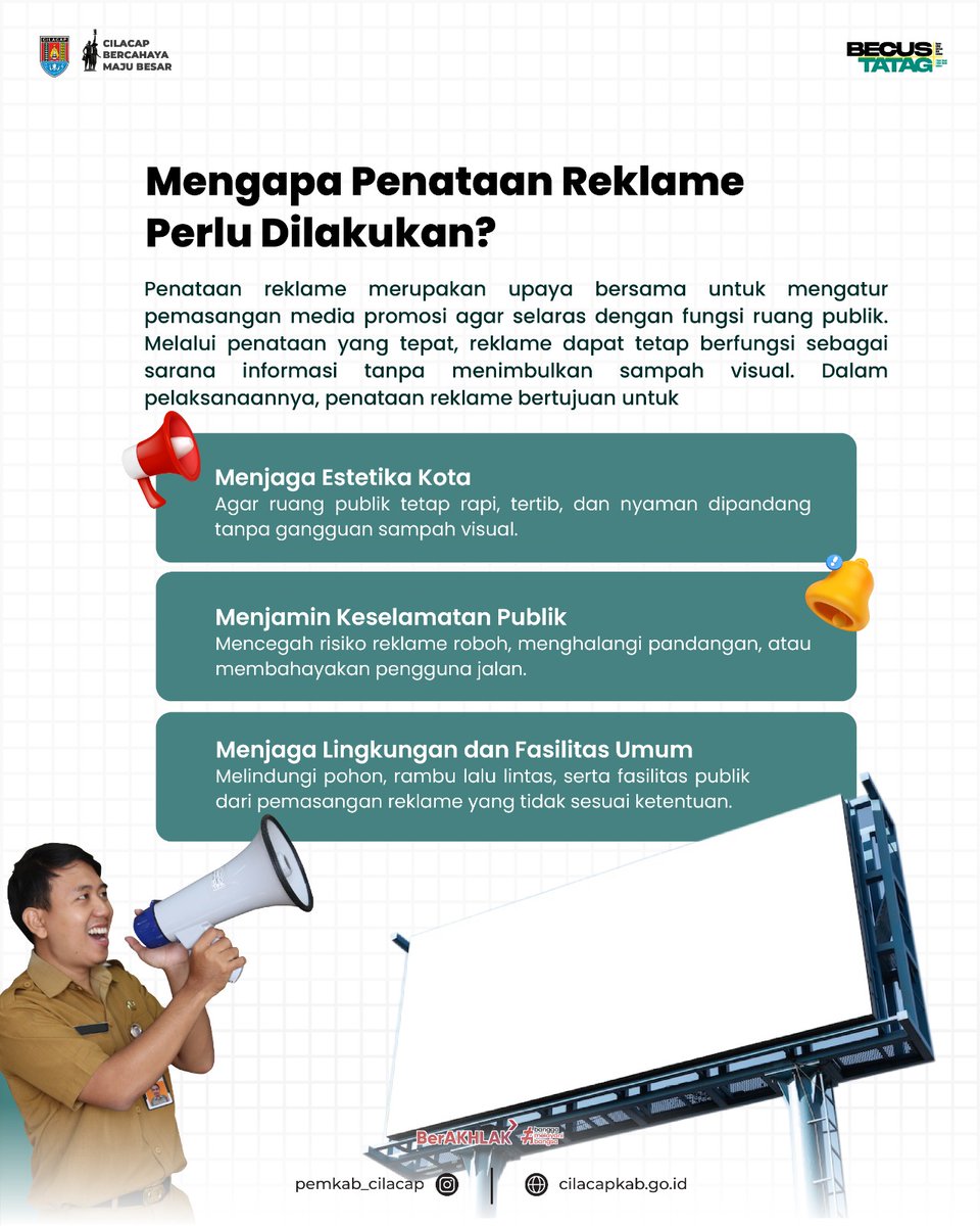 #wargabercahaya Mari wujudkan ruang publik yang nyaman dan bersih tanpa sampah visual.
Penataan reklame adalah upaya bersama menjaga estetika kota, keselamatan, dan lingkungan.
Dengan reklame yang tertib, Cilacap tampil lebih rapi, aman, dan bercahaya.
#CilacapBercahayaMajuBesar