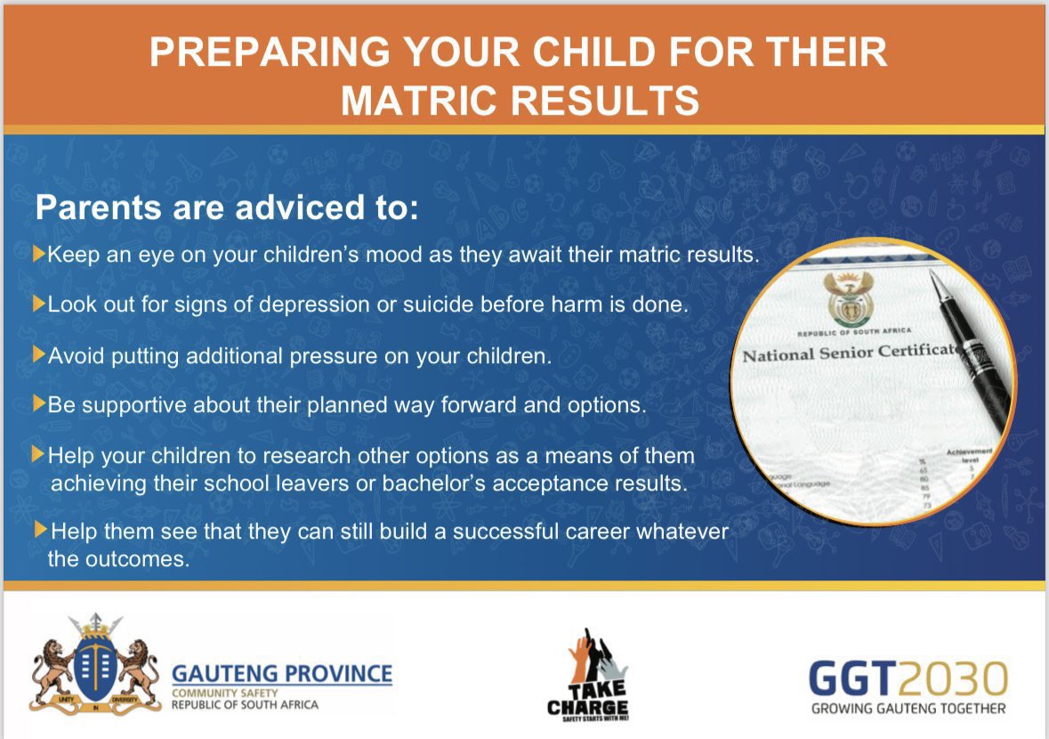 GP_CommSafety's tweet image. As matric learners await the release of their matric results, parents are urged to provide support and a safe space for their children.

Keep an eye out for your children’s mood and look out for signs of depression or suicide before harm is done.

#takecharge