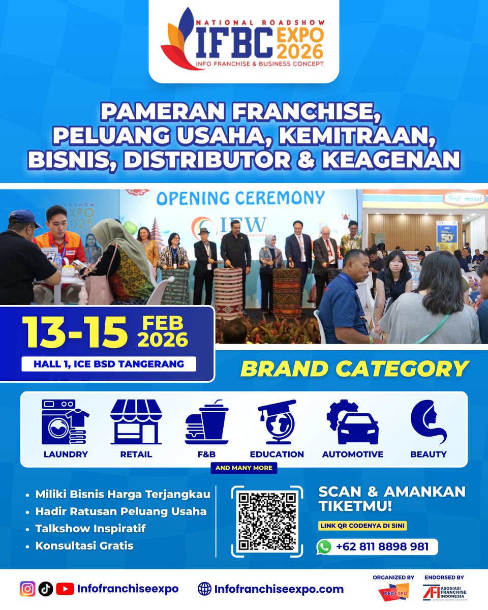 🚀 IFBC Expo 2026 ICE BSD SEGERA HADIR! ✨

📅 13–15 Februari 2026
📍 ICE BSD Tangerang

✨ Yang Bisa Kamu Dapatkan di #ifbc2026 :
 • Ratusan peluang usaha dgn harga terjangkau
 • Bertemu langsung dgn brand terpercaya
 • Talkshow bisnis inspiratif
 • Konsultasi bisnis gratis