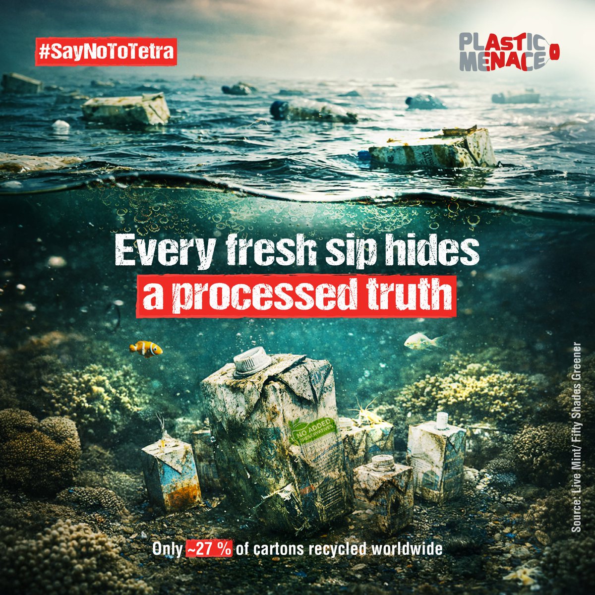 PlasticMenace's tweet photo. We sip what we think is safe.
But every Tetra Pack hides heat, plastic, and a half-life longer than ours.
Your “fresh” drink hides a dirty truth.
Only 25% ever get a second chance.
We sealed convenience, but bottled consequence. https://t.co/uxAxt56mMG