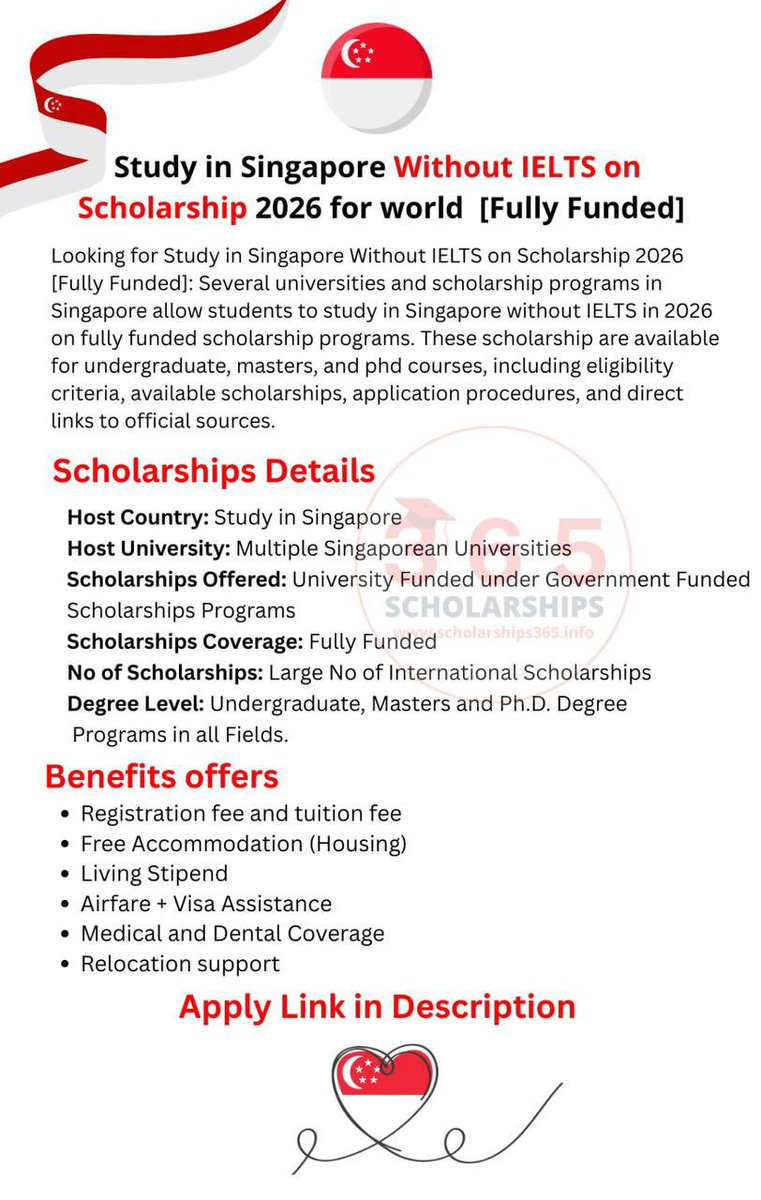 PantamiFound's tweet photo. Singapore Scholarships Without IELTS 2026–2027 | Fully Funded

Applications are open for fully funded scholarship opportunities to study in Singapore without IELTS, available for international students across top Singaporean universities.

Key Details:

- Host Country: Singapore
- Degree Levels: Undergraduate, Master’s, PhD
- Eligibility: International students
- Deadline: Multiple deadlines (varies by programme)

Benefits:

- Full tuition support
- Airfare and visa coverage
- Monthly stipend
- Accommodation
- Medical insurance
- Research and transportation support

Apply here:
https://t.co/WOddjfvOh1

This opportunity is shared by the Professor Isa Pantami Foundation (PIP Foundation) as part of its commitment to promoting education, empowerment, and community development across Africa.

#PIPFoundation #ScholarshipOpportunities #EducationForAll