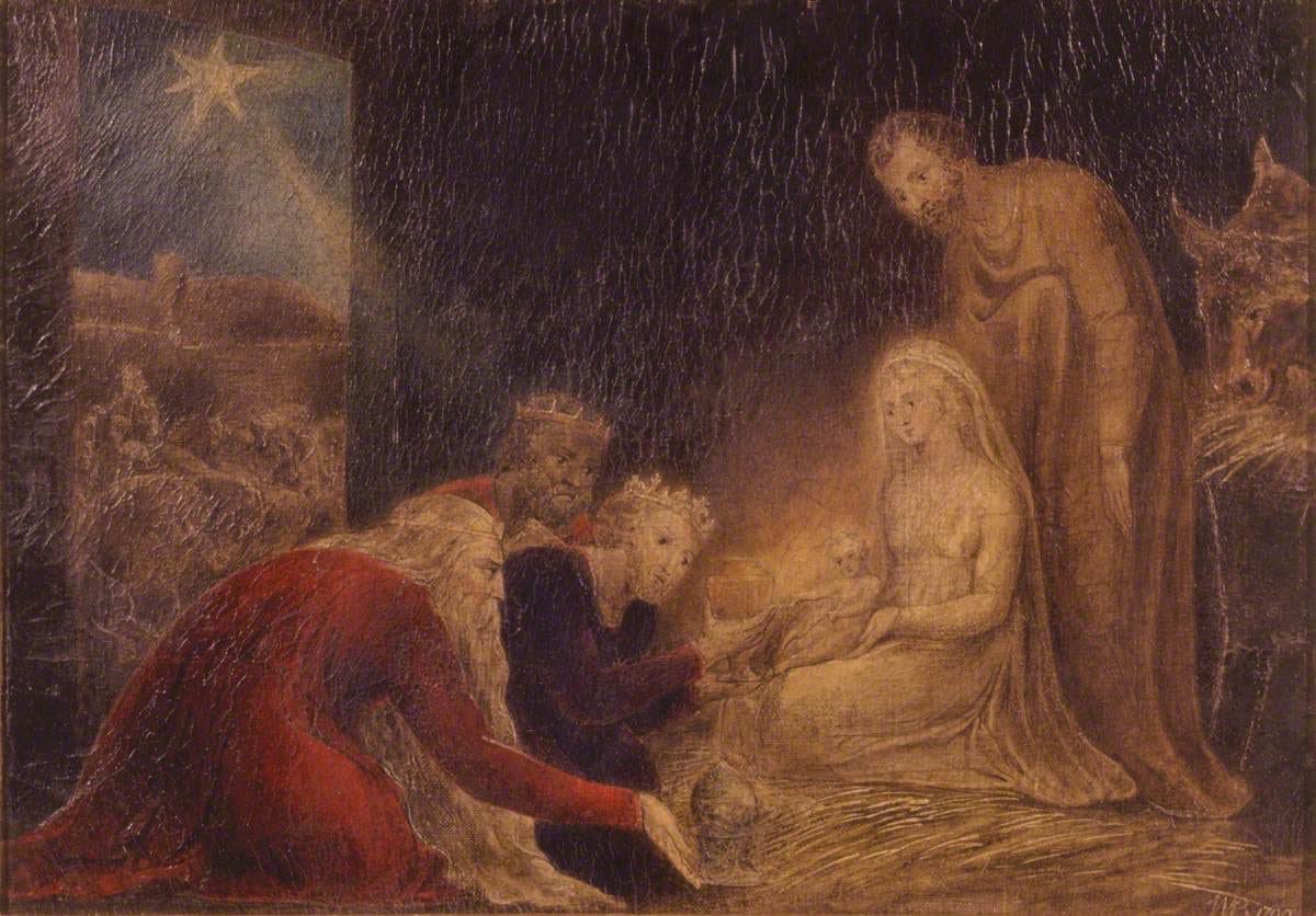 The Adoration of the Magi by #WilliamBlake. Happy #Epiphany! A thought about the image. There are two sources of light: the star and the child. Only, that's really one. Mirrored by the magi, the star offers its light to the one source, the uncreated light born of Mary. #Theophany