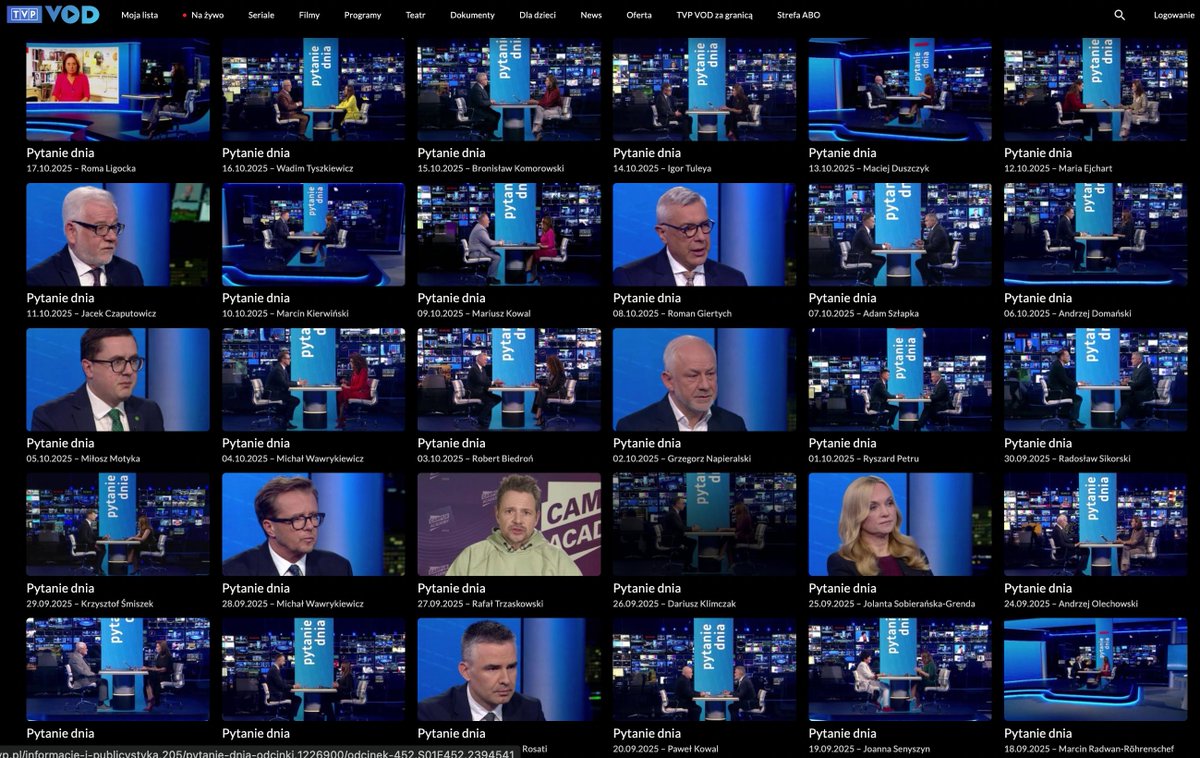 "Pytanie dnia" – główny codzienny publicystyczny program rządowej telewizji w likwidacji – miał w zeszłym roku 324 wydania.

Przedstawiciele opozycji byli gośćmi 10 razy.
Dokładnie 3,09% wydań.
9x <a href="/pisorgpl/">Prawo i Sprawiedliwość</a>, 1x <a href="/KONFEDERACJA_/">Konfederacja</a>.

W tym czasie sama jedna prokuratorka <a href="/e_wrzosek/">e-wrzosek #FBPE🇪🇺🇵🇱🏳️‍🌈#FundamentalRights</a> –