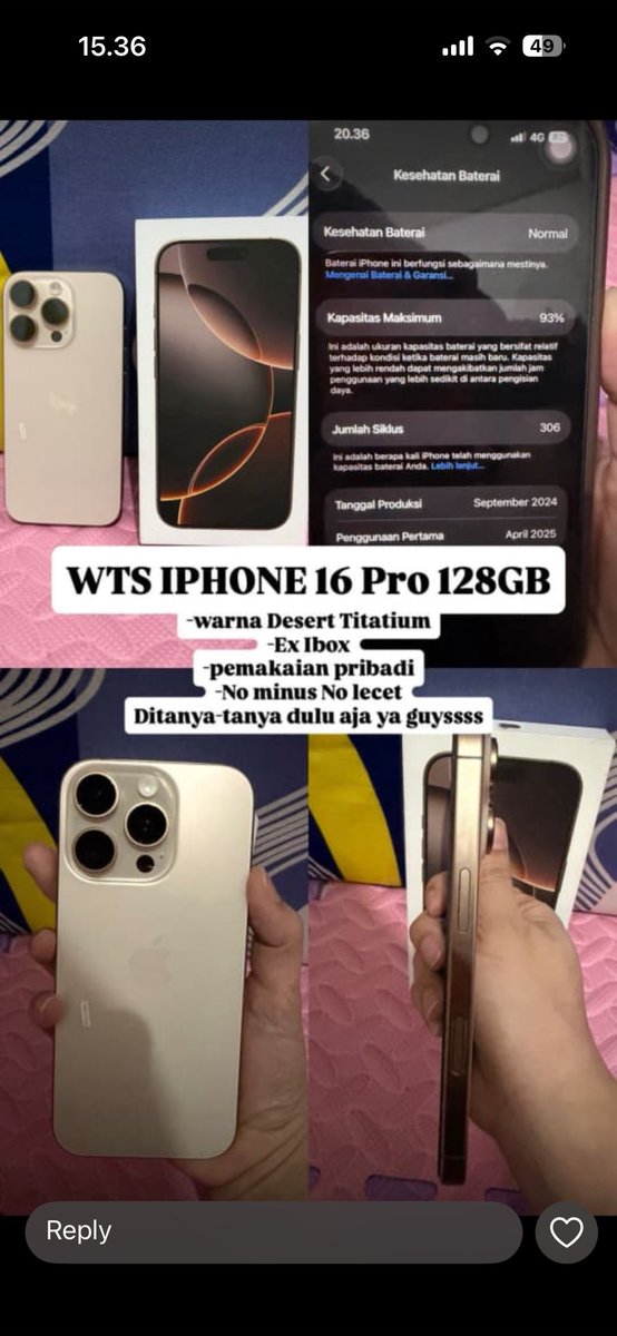 bucinnoreo's tweet photo. jual iphone 16pro 128 ex ibox
harga 15,5 !! Free case merk Guess
COD Ciledug &amp; Jakarta Pusat
#jualiphone #iphone16pro #zonauang https://t.co/BXeVBTk8Sm