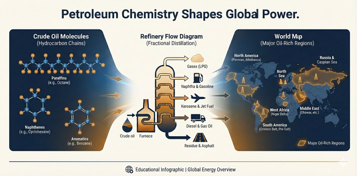 ThiRaj351283's tweet photo. “Petroleum isn’t just fuel — it’s geopolitics in liquid form.
From refining chemistry to global power dynamics, oil has shaped alliances, tensions, and history.”#PetroleumChemistry #EnergyScience #Chemistry #ScienceFacts #Geopolitics #STEM #SciComm #EnergySecurity #ScienceDaily https://t.co/tZCO8KLpuJ