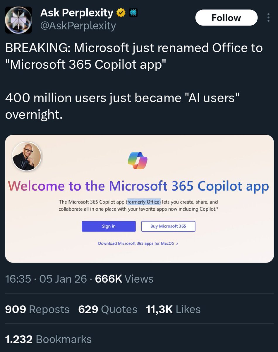 Manche Marketing Entscheidungen muss man ja nicht verstehen, oder?

Würdest Du eines deiner besten Produkte (MS Office) in Copilot umbenennen?

Und das bei dem Ruf, den das Ding hat...

Alter Verwalter.

Jedenfalls können sie jetzt mit 400 Mio AI Usern prahlen.