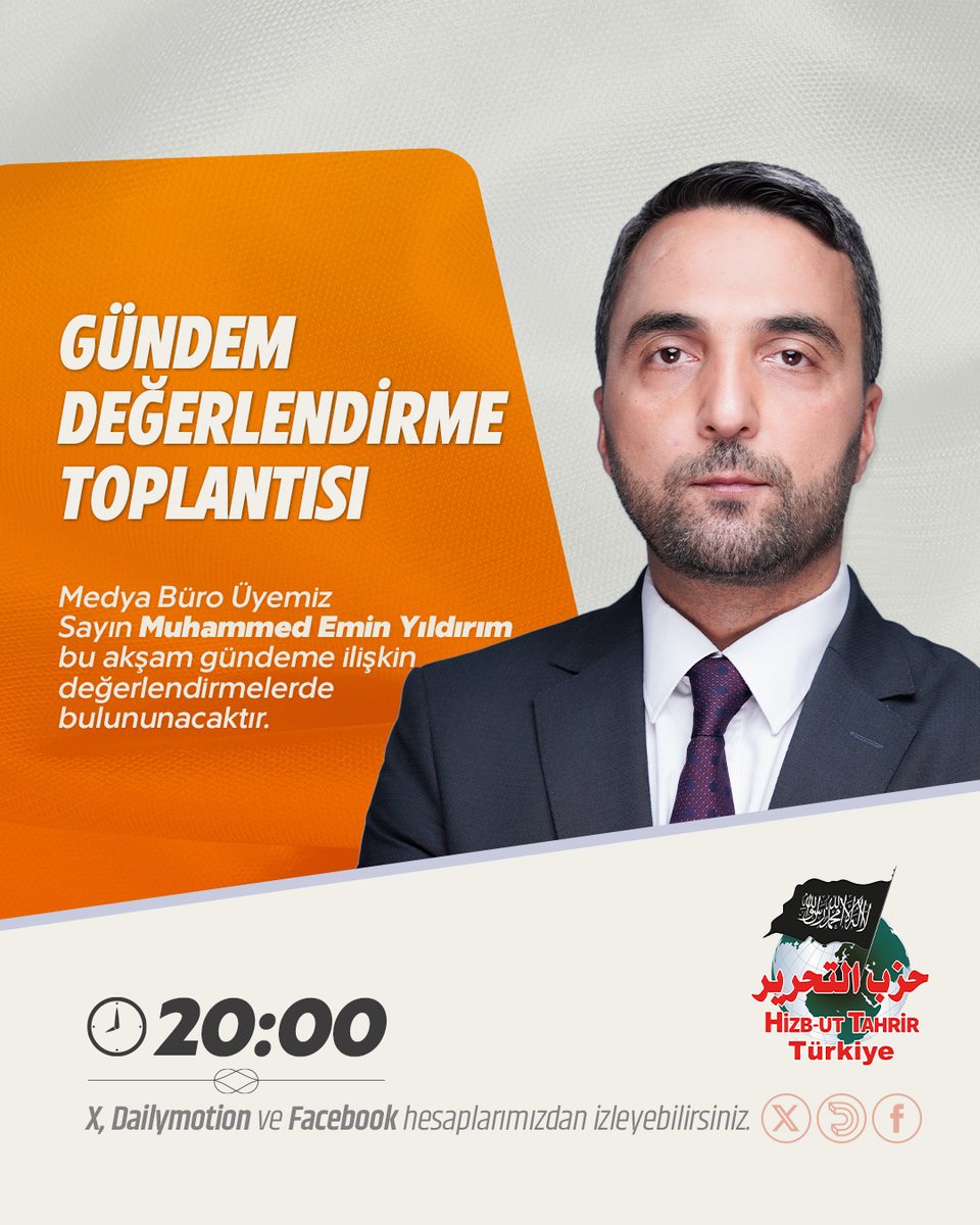 Medya Bürosu Üyemiz Sayın Muhammed Emin Yıldırım, gündeme ilişkin değerlendirmelerde bulunacaktır.

Gündem değerlendirme toplantımızı saat 20.00'de sosyal medya hesaplarımızdan canlı olarak izleyebilirsiniz.

🔗 x.com/@HizbutTahrirTR
🔗 facebook.com/htturkiyemedia