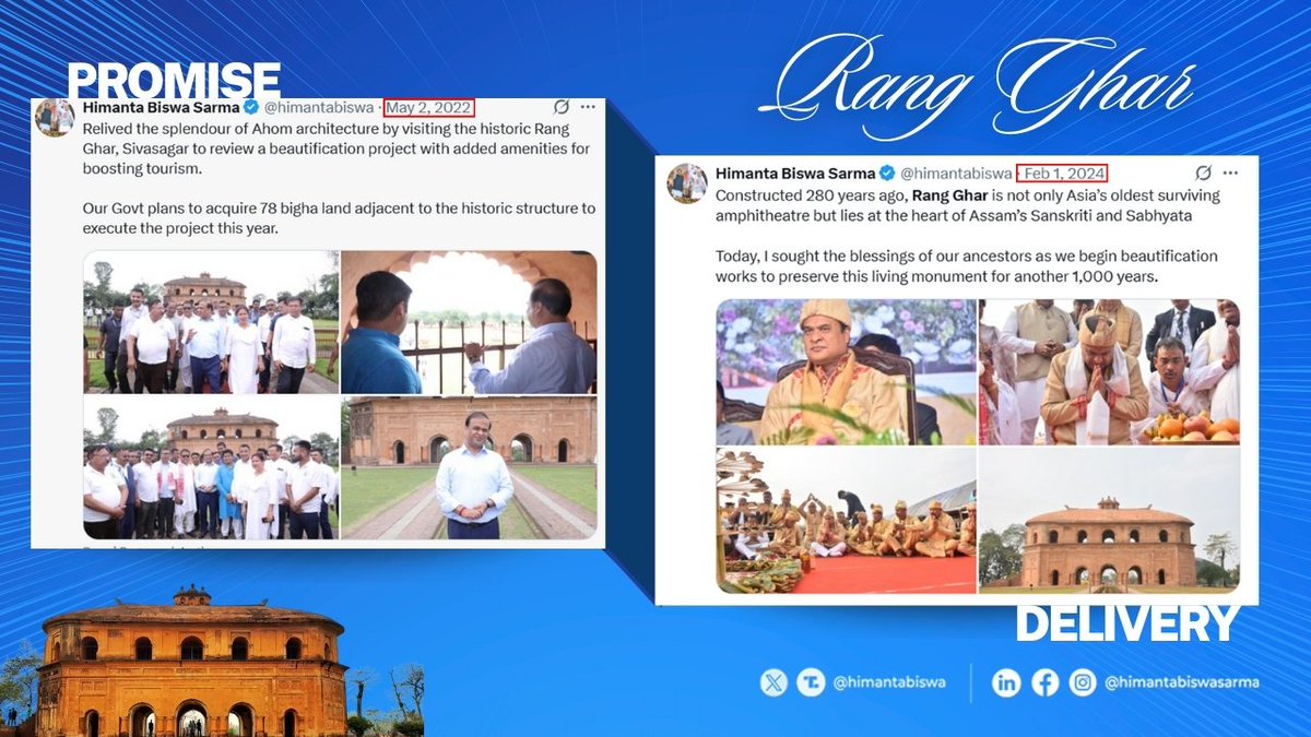 pallablochandas's tweet image. Preserving Assam’s Pride 🏛️ | #PromisesFulfilled
Rang Ghar is not just a monument—it’s Assam’s soul.
Under the resolute leadership of HCM @himantabiswa, the Assam Government is rejuvenating Rang Ghar at full pace—protecting heritage, restoring pride, and honoring our legacy.