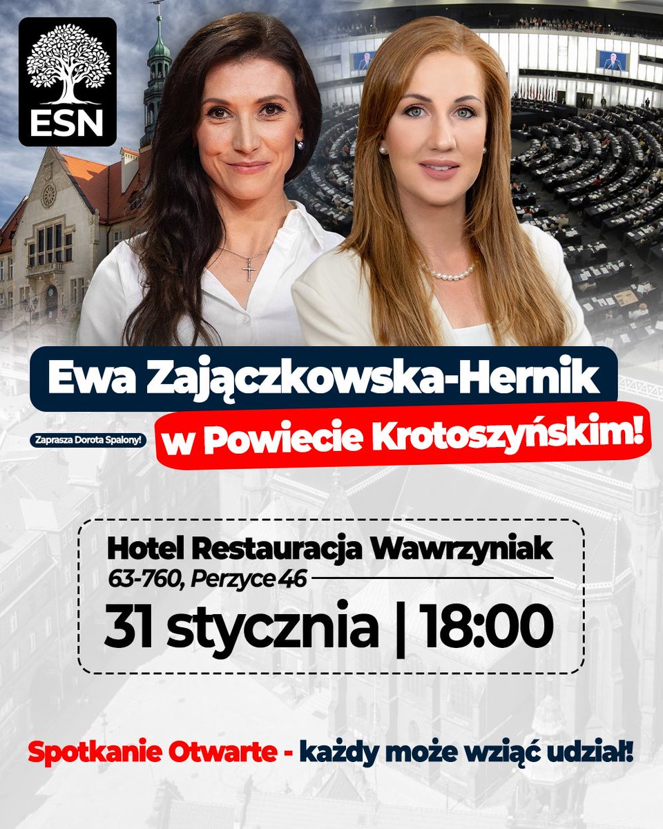 Już w tym miesiącu wyjątkowe wydarzenie w powiecie krotoszyńskim! Nasz region odwiedzi <a href="/EwaZajaczkowska/">Ewa Zajączkowska-Hernik</a>  – europosłanka <a href="/KONFEDERACJA_/">Konfederacja</a>  znana z energii i bezkompromisowych wystąpień 🔥 Podczas spotkania będę jej towarzyszyć.
🗓 31.01, godz. 18:00
📍 Perzyce k. Krotoszyna
