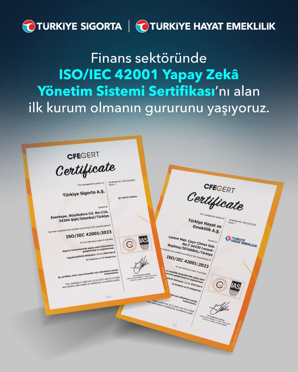 Finans sektöründe bir ilke imza attık.

Türkiye Sigorta ve Türkiye Hayat Emeklilik olarak, ISO/IEC 42001 Yapay Zekâ Yönetim Sistemi Sertifikası' nı alan finans sektöründeki ilk kurum olmanın gururunu yaşıyoruz.

Bu adımla, yapay zekâ sistemlerimizi etik, şeffaf ve güvenli bir