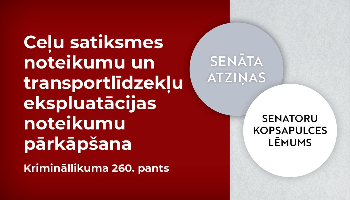 <a href="/Augstaka_tiesa/">Augstākā tiesa | Senāts</a> apkopojusi Senāta atziņas lietās par ceļu satiksmes noteikumu un transportlīdzekļu ekspluatācijas noteikumu pārkāpšanu. Pamatojoties uz apkopojumu, Krimināllietu departamenta senatoru kopsapulce skaidro Krimināllikuma 260.p. piemērošanu.
👉 at.gov.lv/lv/jaunumi/par…