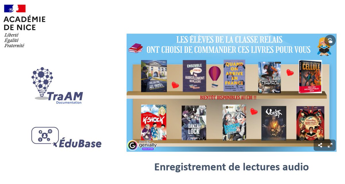 [S’inspirer | #Edubase]
📚Vous préparez les #NuitsDeLaLecture ?
Ce scénario pédagogique invite les élèves à des lectures expressives d’extraits de romans choisis au #CDI
💡Une proposition de l’<a href="/AcademieNice/">Académie de Nice</a> issue des #TraAM #Documentation 2024-2025
🔗edubase.eduscol.education.fr/fiche/23710