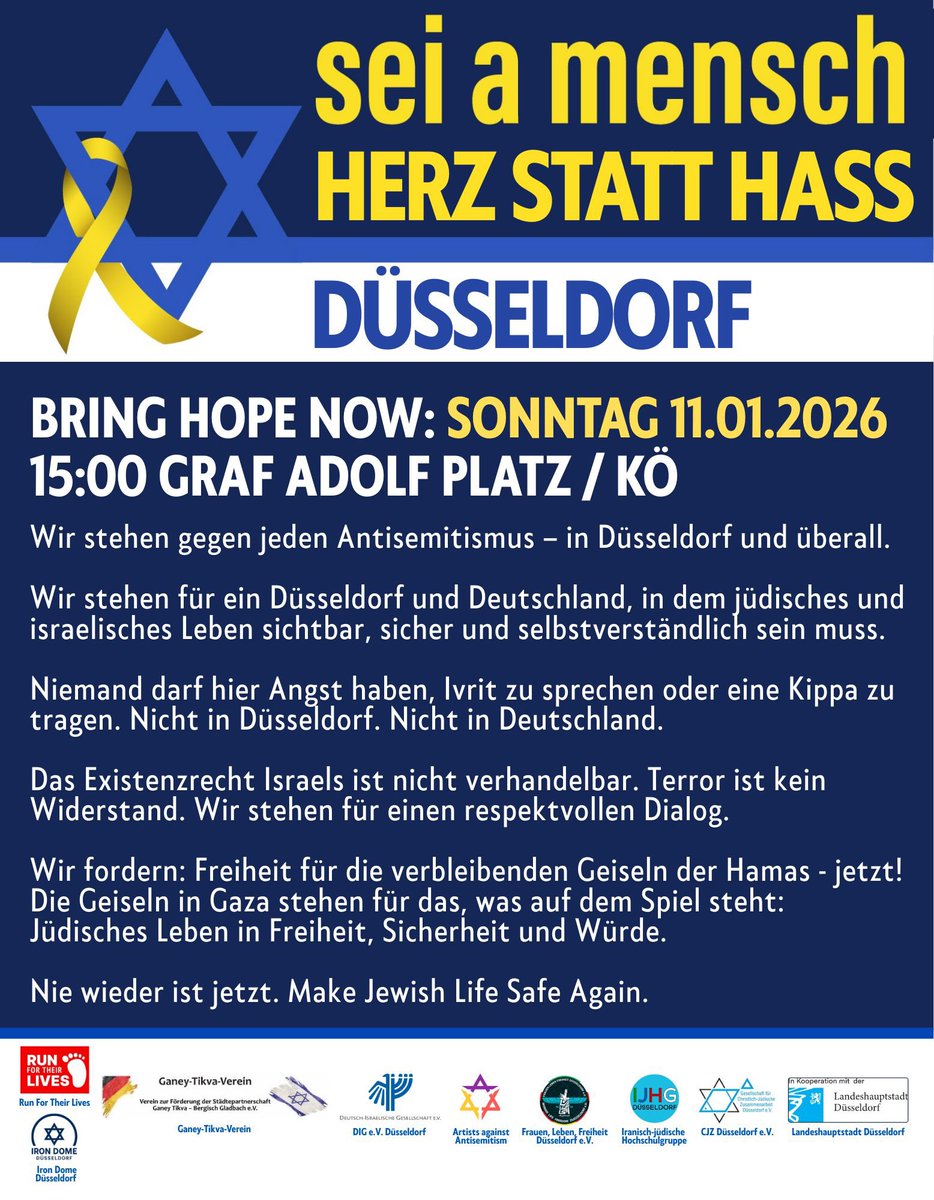 LoveGuerillero's tweet photo. ❤️🖤 #SeiaMensch #MakeJewishLifeSaveAgain Happy New Year! Wir starten direkt durch💪🏻💖
Am Sonntag ist der erste #IronDome Spaziergang in Düsseldorf!
👉 Sonntag, 11.01.2026 · 15:00 Uhr · Graf-Adolf-Platz / Kö / Düsseldorf
Über 2 Jahre nach dem 7. Oktober 2023.
🎗️Freiheit für Ran Gvilli – der letzten Geisel der Hamas!
Für Hoffnung.
Für jüdisches Leben, das sichtbar sein muss. Für Israel. Gegen Hass, Hetze und Antisemitismus.
Bringt gern Plakate oder Fahnen mit. Für unsere Sicherheit ist gesorgt.
@KoeAntifa161 @AntifascistaBRS @161debunk @klarekante_cgn @CityofHopeKoeln @ASB_NRW @bgabonn @leah_youn @MartinHeil9 @KolnOmas @yoga_and_more @unsoerioes @redmimireads
