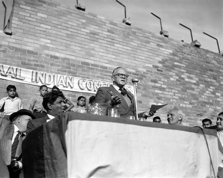Chairman of the Liberal Party, Alan Paton, addresses a crowd in Fordsburg about the harm done to South Africa by the Group Areas Act, July 1957. Image Source: Arena Holdings Collection