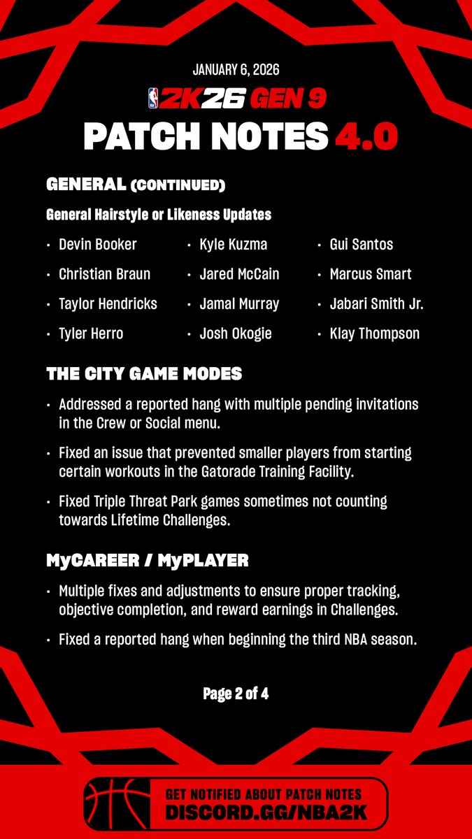 itsEvanCC's tweet image. #NBA2K26 Patch Notes v4.0 (January 6, 2026)

This update includes preparations for Season 4, new RealVoice interviews, and fixes across MyCAREER, MyTEAM, and MyNBA.

Join the official Discord to get notifications for patch notes and key announcements, and to share game feedback.…