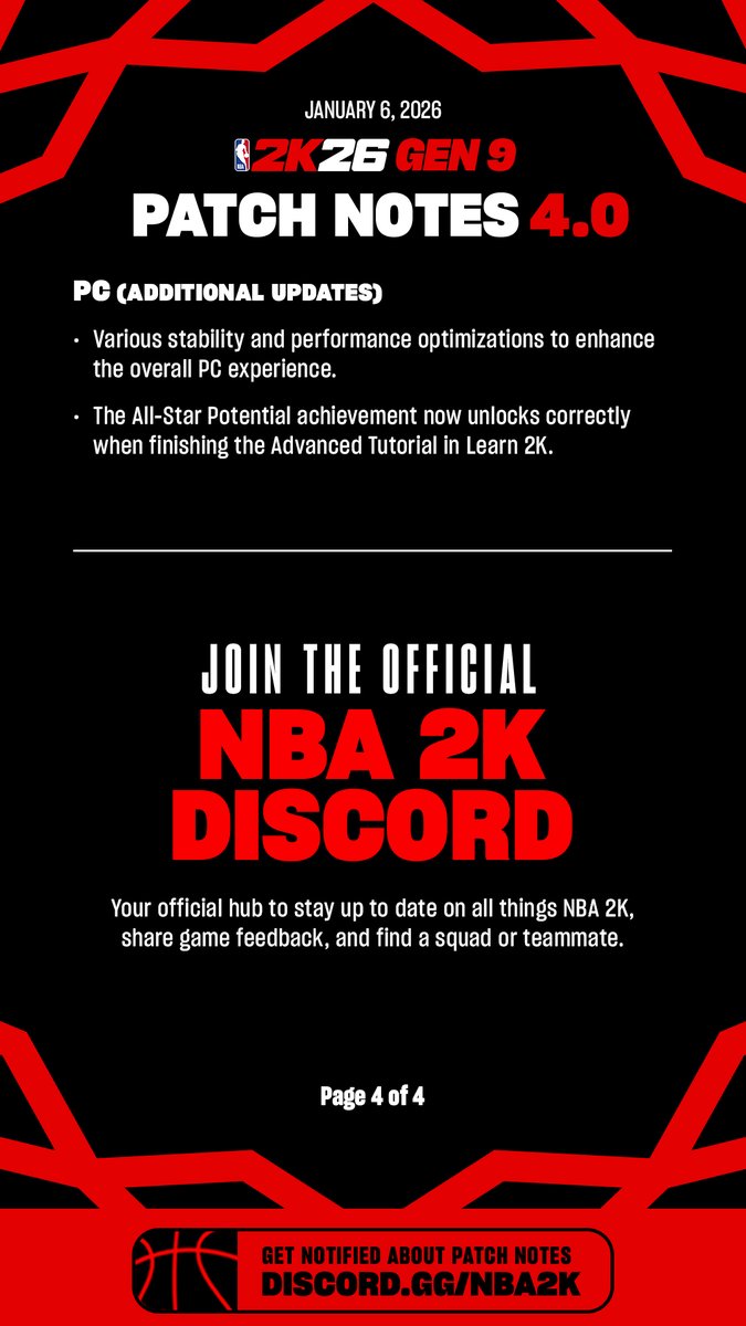itsEvanCC's tweet image. #NBA2K26 Patch Notes v4.0 (January 6, 2026)

This update includes preparations for Season 4, new RealVoice interviews, and fixes across MyCAREER, MyTEAM, and MyNBA.

Join the official Discord to get notifications for patch notes and key announcements, and to share game feedback.…