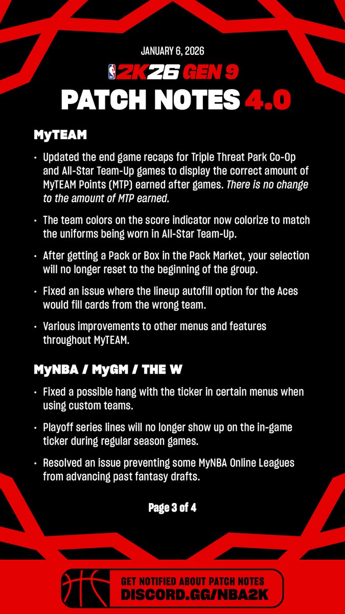 itsEvanCC's tweet image. #NBA2K26 Patch Notes v4.0 (January 6, 2026)

This update includes preparations for Season 4, new RealVoice interviews, and fixes across MyCAREER, MyTEAM, and MyNBA.

Join the official Discord to get notifications for patch notes and key announcements, and to share game feedback.…
