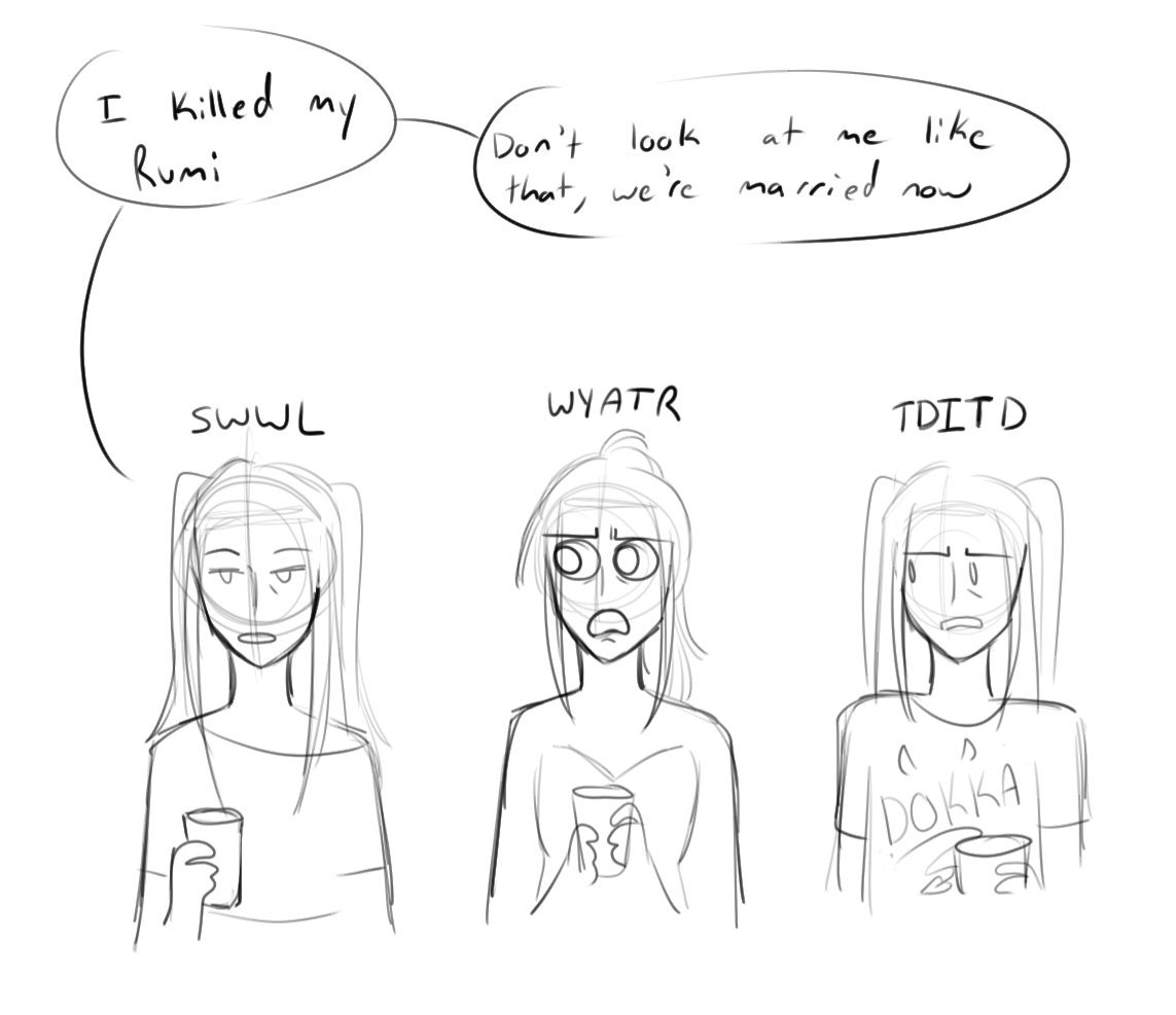 DragonWhimsical's tweet image. Some fanfic Miras ended up at a party together
(⚠️Spoilers for Two's Company and So We Were Liars⚠️) 
. 
. 
. 
#KPOPDEMONHUNTERS #polytrix