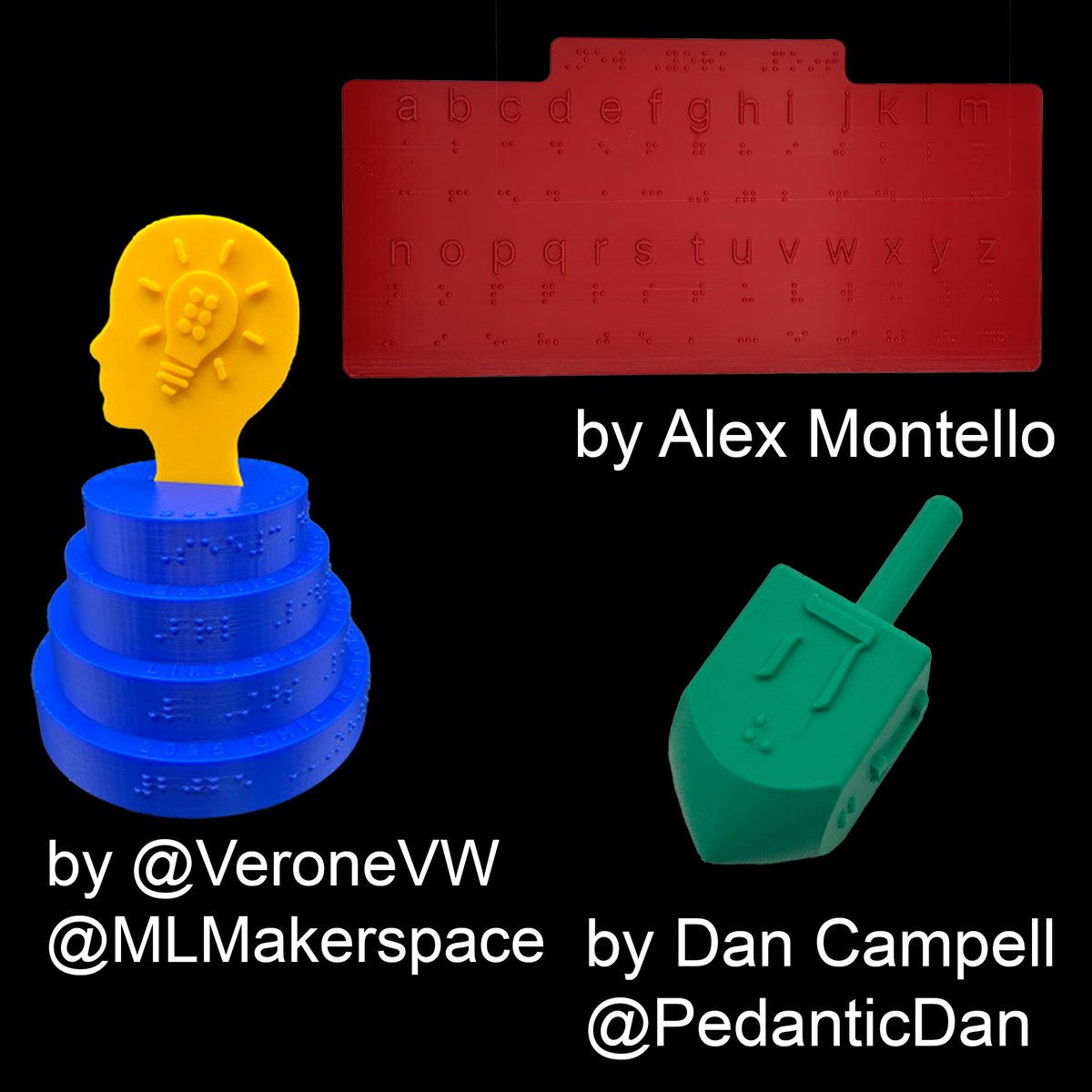 For Braille’s birthday yesterday, we're sharing braille models! Thank you <a href="/PedanticDan/">Dan Campbell</a> for a dreidel with Hebrew braille and print, Alex Montello for an alphabet model with print, braille, and New York Point, and @VeroneVW and @MLMakerspace for the Ohio Braille Challenge trophy!