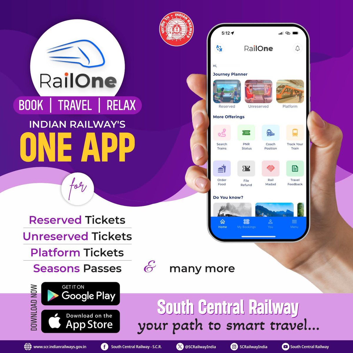 Experience a smarter way to travel by rail!
From booking tickets to tracking trains and checking coach positions — everything you need is right at your fingertips.
Download #RailOne, the all-in-one Super App by Indian Railways, and make your journey seamless.🚆📱
<a href="/drmgtl/">DRM Guntakal</a>