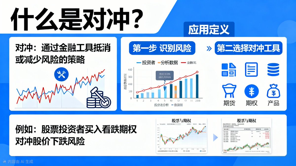 什么是对冲？ 对冲（#Hedging）是一种由个人或机构采用的风险管理策略，核心目的在于降低或抵消投资中可能产生的潜在损失，而非追求额外收益。 #对冲