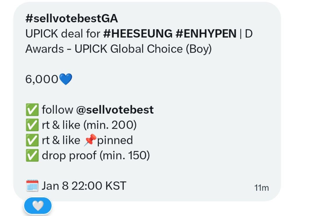 #sellvotebestGA
UPICK deal for #HEESEUNG #ENHYPEN | D Awards - UPICK Global Choice (Boy)

6,000💙

✅ follow <a href="/sellvotebest/">sellvotebest</a>  
✅ rt &amp; like (min. 200)
✅ rt &amp; like 📌pinned
✅ drop proof (min. 150)

🗓️ Jan 8 22:00 KST