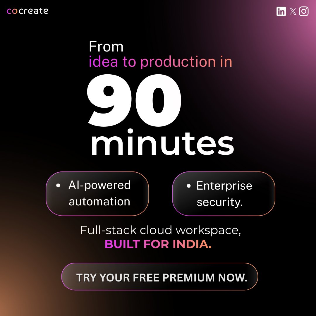 ColateAi's tweet photo. Speed decides outcomes.

COCREATE removes infra and #DevOps friction, so teams go from idea to production faster, with #AI automation and enterprise-grade security.

Built for India. 
Built to scale.

Start Your Free Trial Now!

#ZeroDevOps #BuildFast #Tech #SaaS #TechStartups https://t.co/gXW47MOKqn