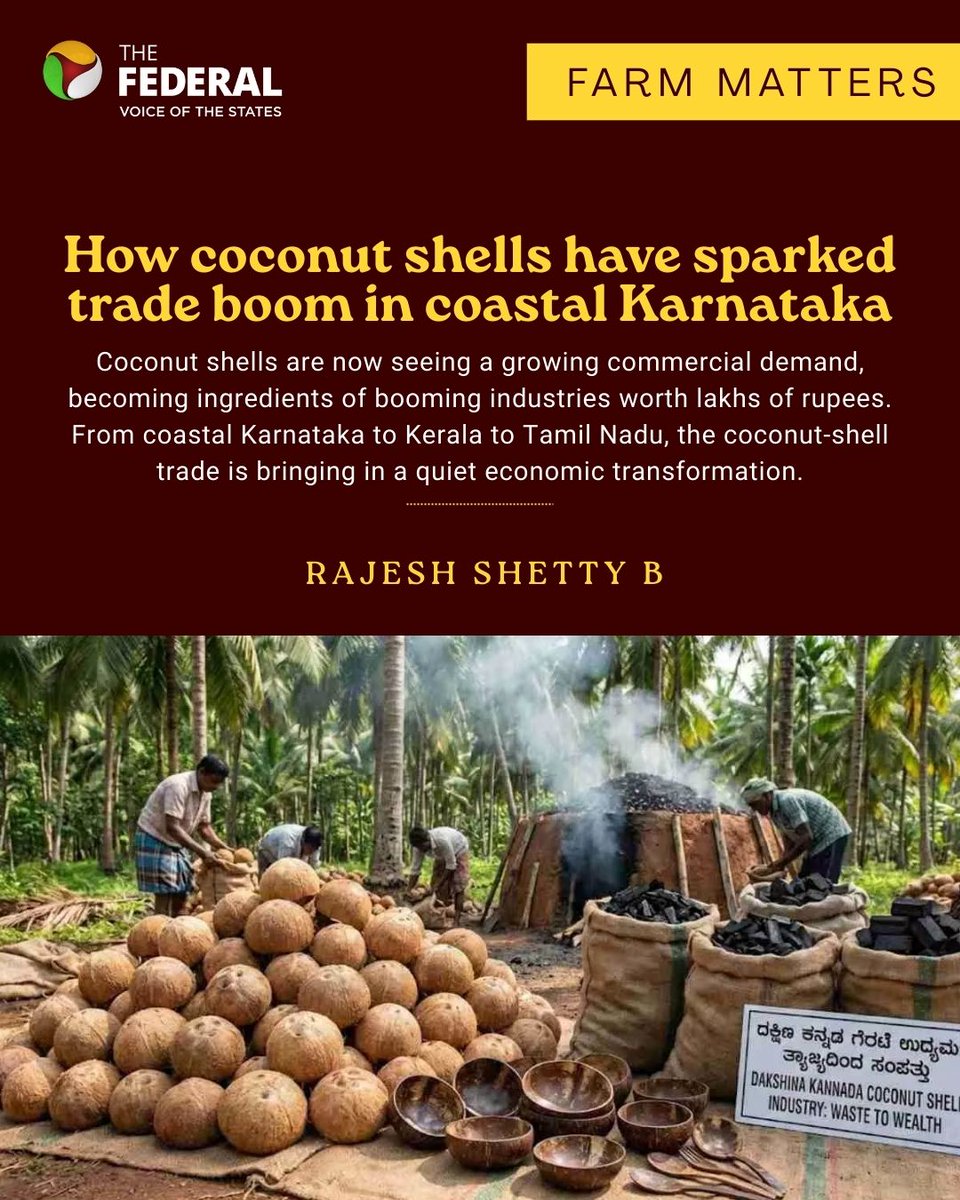 TheFederal_News's tweet photo. #FarmMatters | While handicraft use remains limited in scale, the major demand for the shells today comes from charcoal production, writes Rajesh Shetty B.
Read more: https://t.co/jMoVeghIJr
#Coconut #Charcoal #Agriculture #GlobalTrade #Karnataka #IndianFarmers https://t.co/tXOhdd3J0X