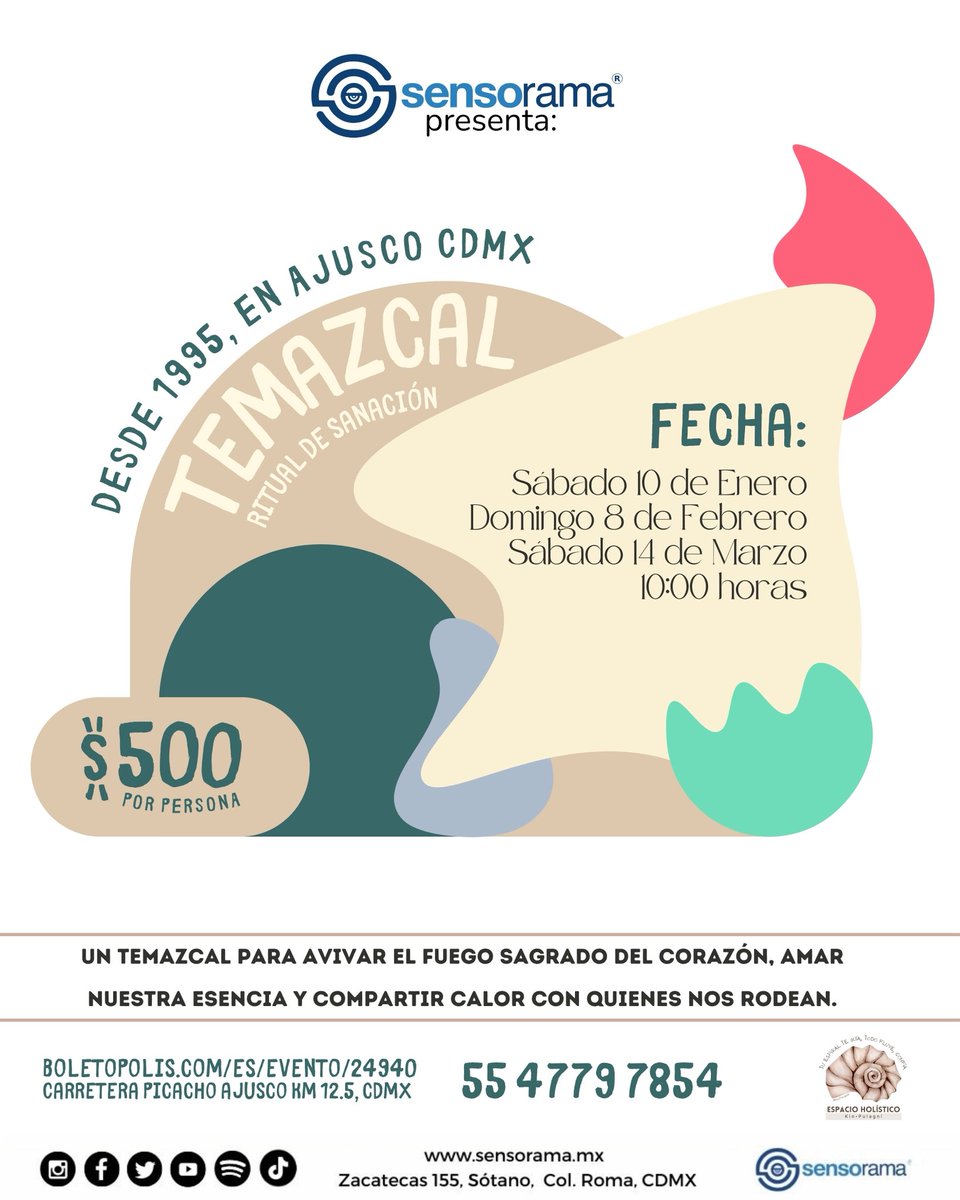 Un espacio para sanar, liberar y volver al centro.
✨🌱💦🌬️🔥✨

Experiencia de ensoñación sensorial: 
Temacal | Ritual de sanación  

🔗 Reserva tu lugar: 
blt.mx/j8s

ℹ️ Más información en:
cutt.ly/BrI49la1

Sueño, luego existo 
✨ 😎💭✨