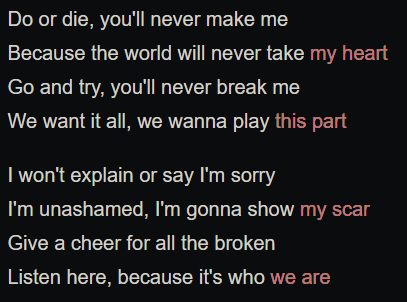 SnowLzin's tweet image. Esse ano completa 20 anos de Black Parade e eu amo a parte final na qual a estrofe é dividida por 2 pares de versos, e cada verso é separado em 2 partes e a última parte do segundo e quarto verso tem uma palavra a mais. Eu AMO essa palavra a mais. (marquei em vermelho